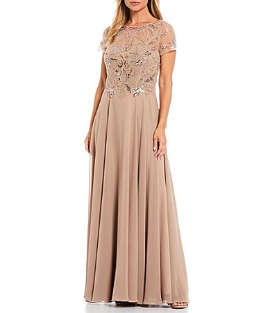 xscape pleated mock neck chiffon gown