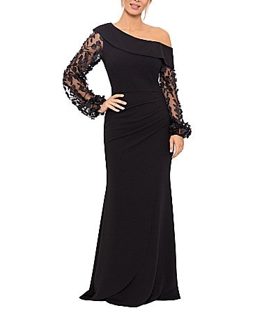 XSCAPE ~ Scuba Crepe One Shoulder Long 3d Floral Sleeve Gown