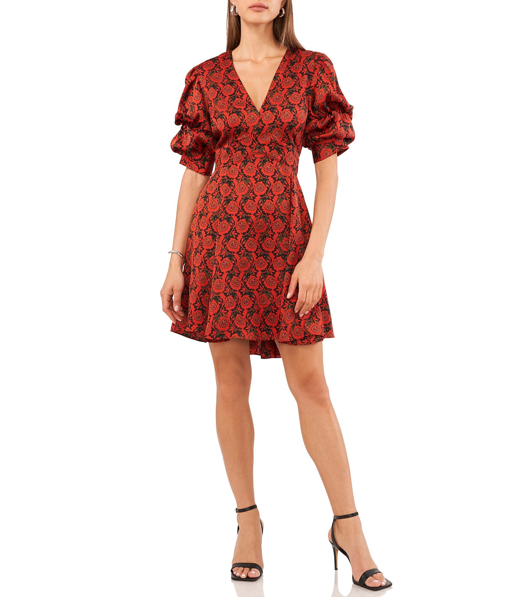 1. STATE Climbing Blooms Print Short Puffed Sleeve V-Neck Woven Mini Dress  | Dillard's