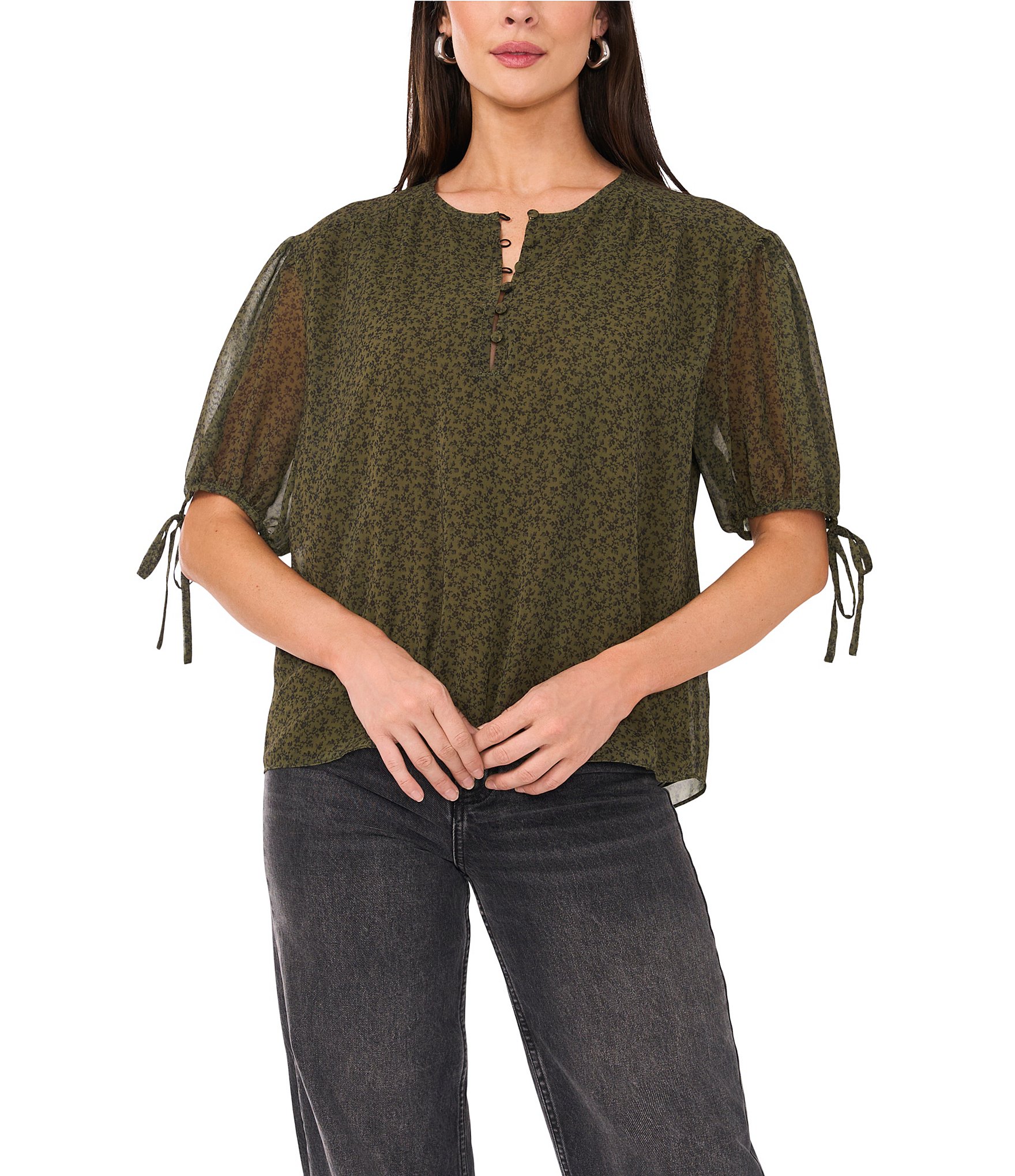 1. STATE Ditsy Floral Chiffon Split Round Short Bubble Tie Sleeve ...