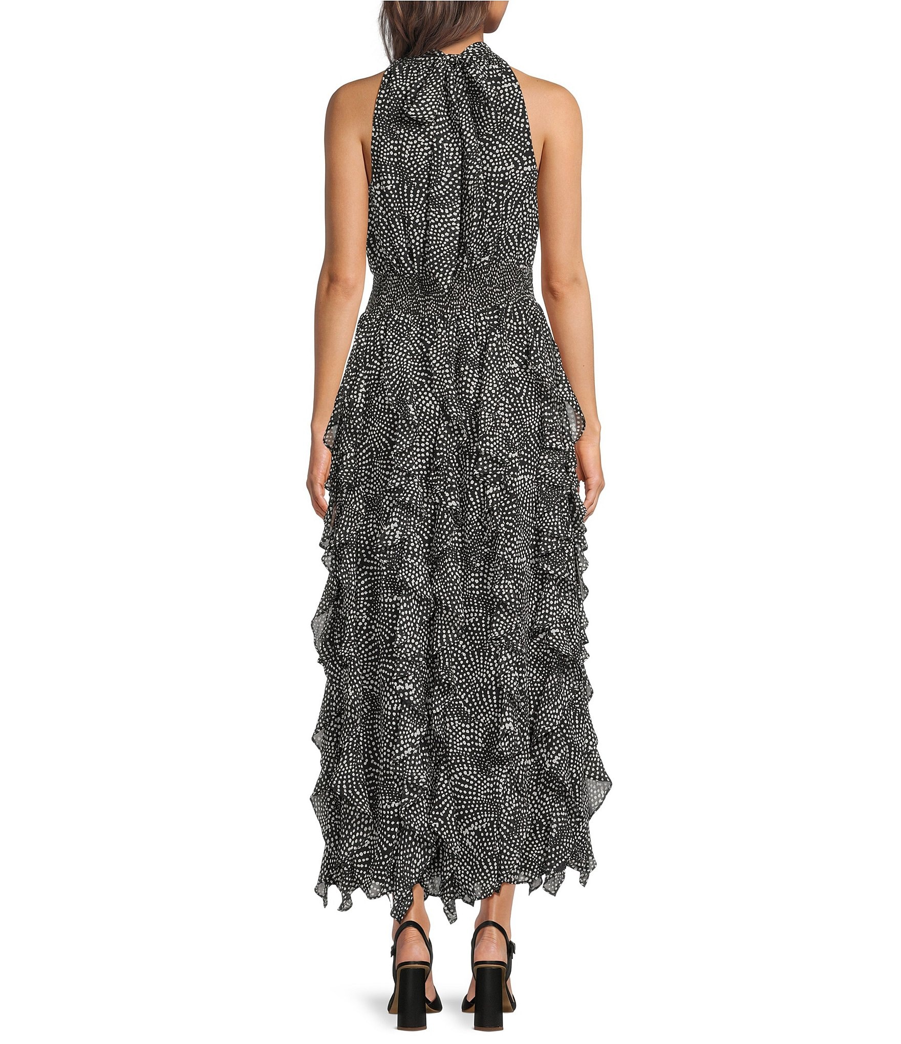 1. STATE Dot Print Halter Neck Sleeveless Ruffle Maxi Dress