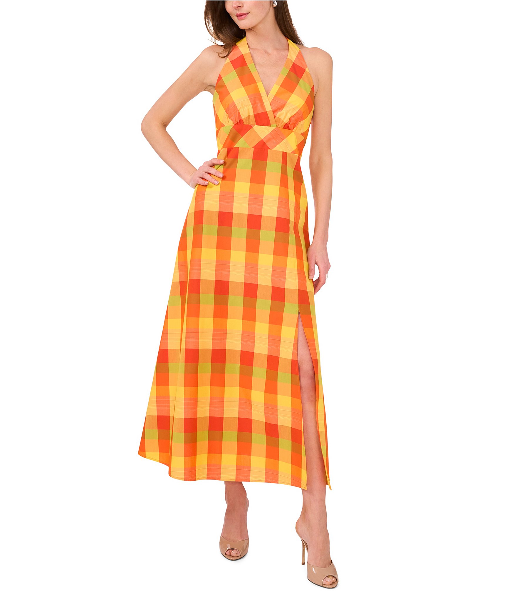 1. STATE Halter Neck Sleeveless Plaid Maxi Dress Dillard s