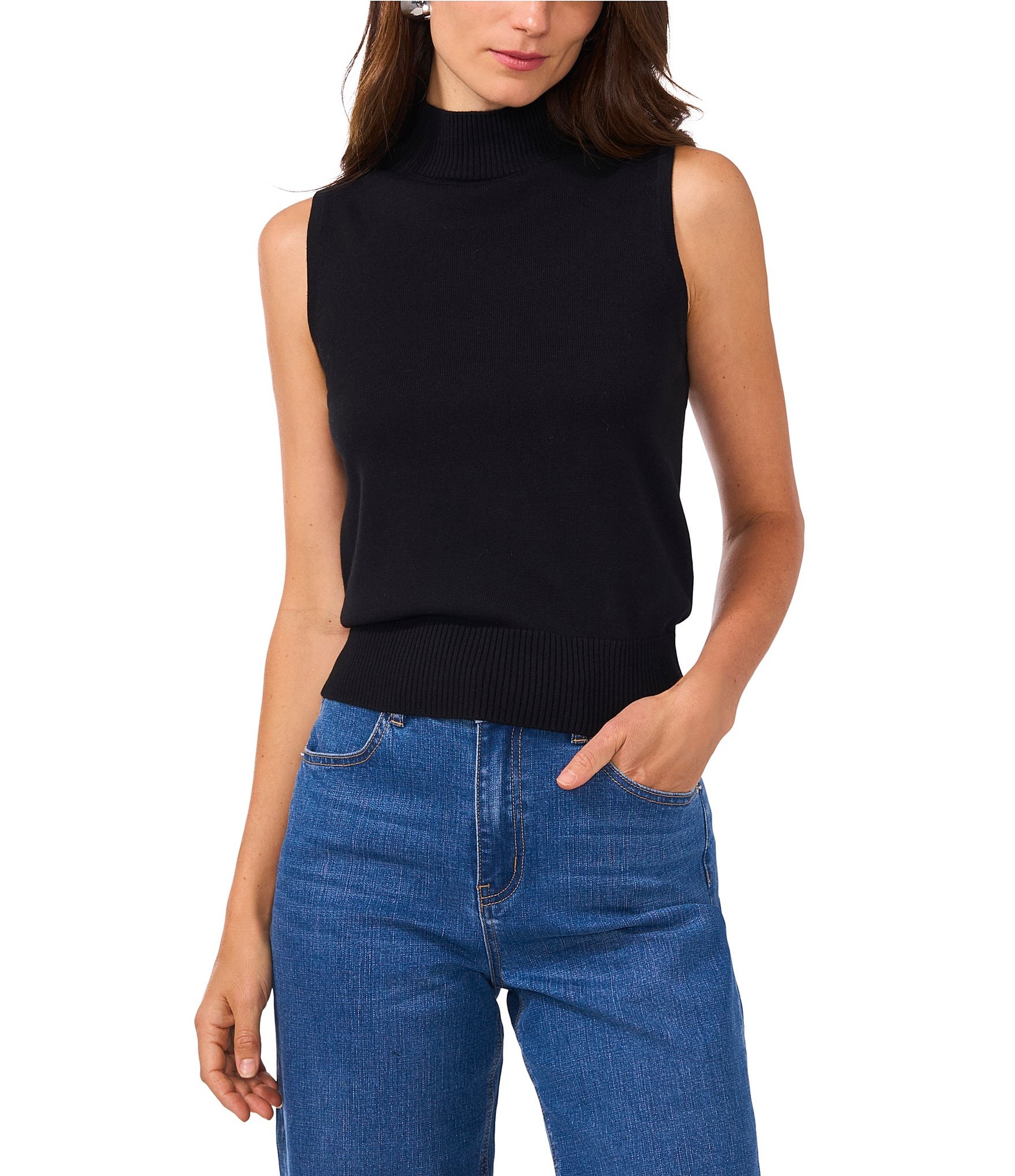 1. STATE Knit Ribbed Mock Neck Sleeveless Sweater