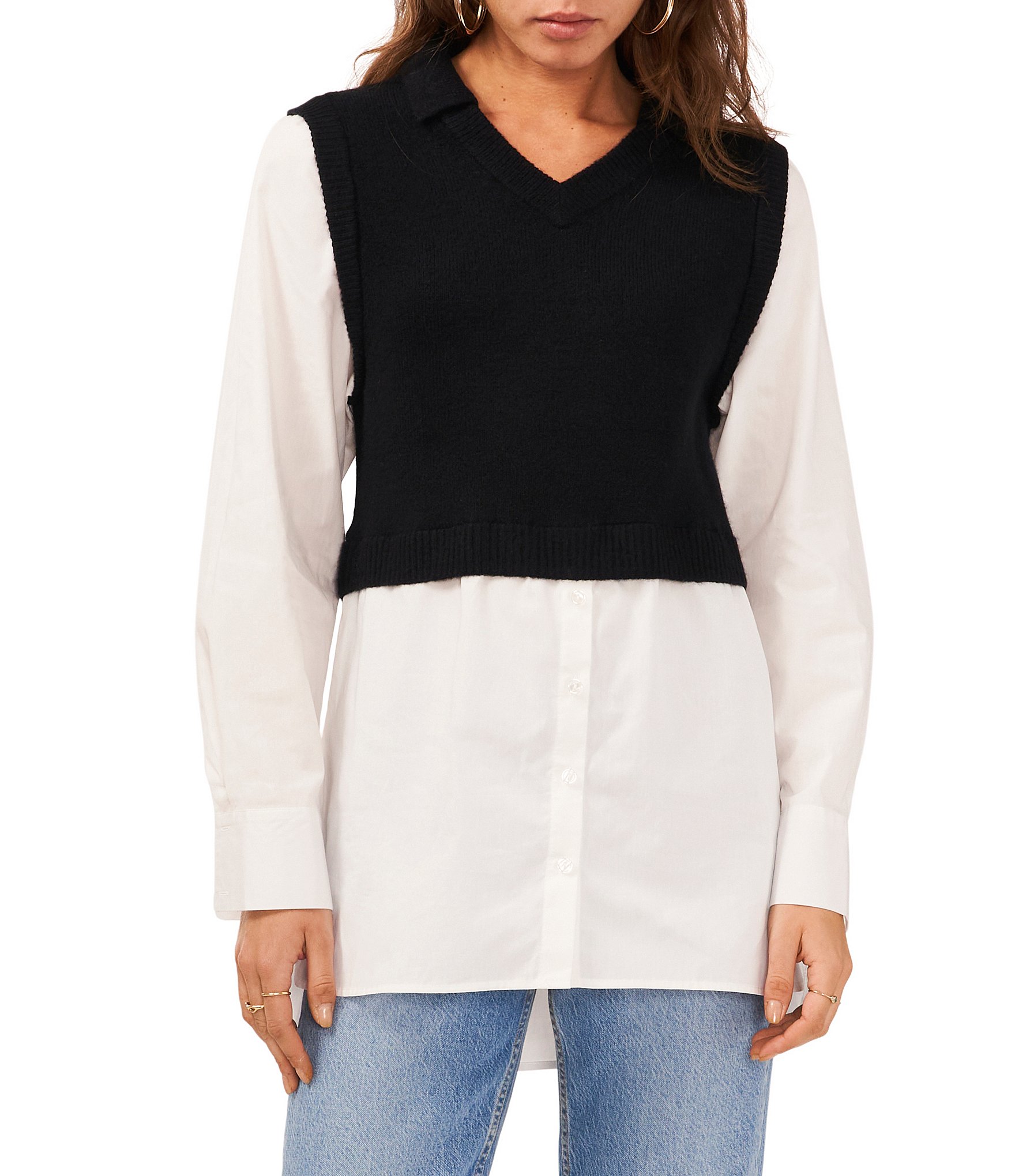 1. STATE Mixed Media Long Sleeve Point Collar Two-Fer Sweater Top ...