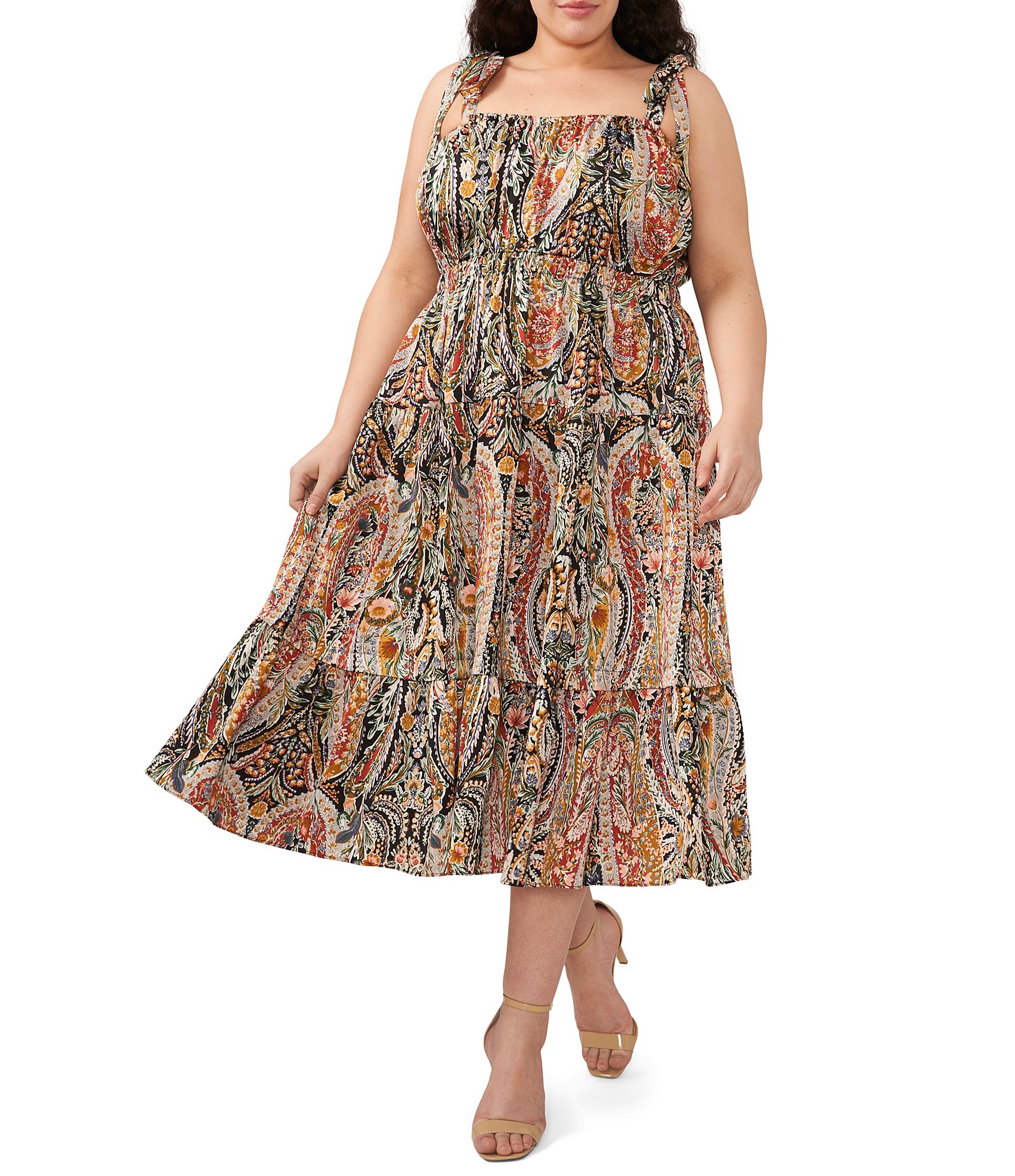 1. STATE Size Tapestry Paisley Printed Satin Tie Shoulder Sleeveless Dress | Dillard's