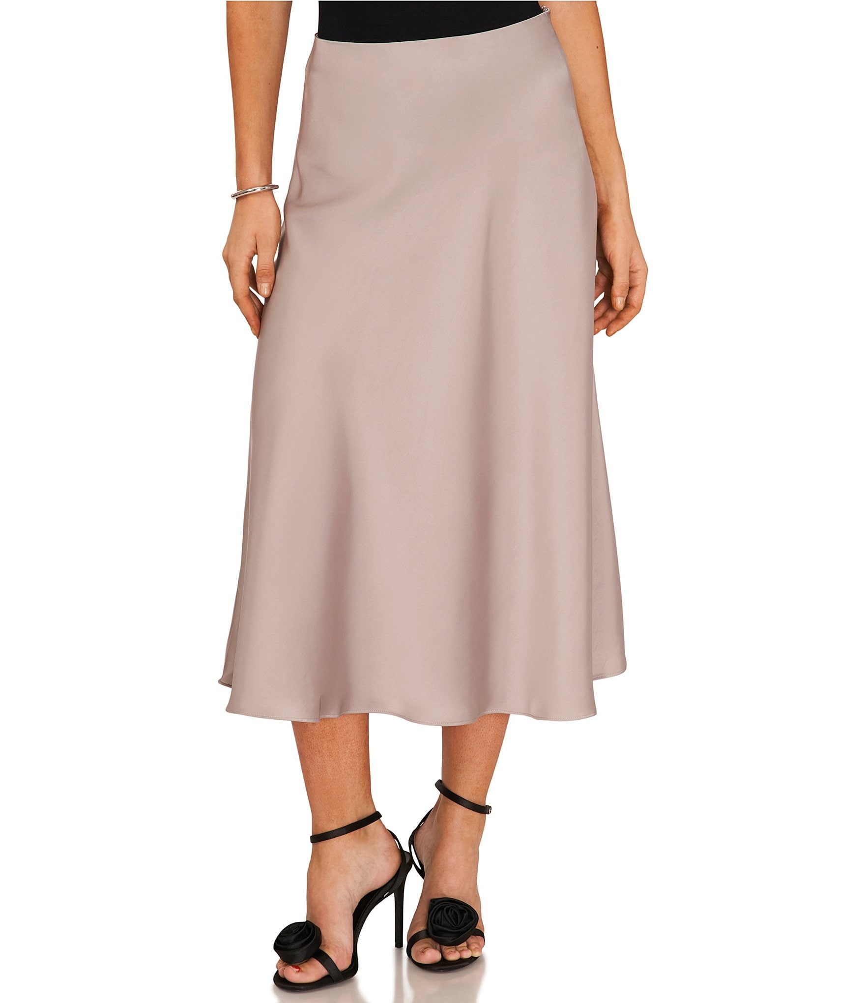 White satin bias outlet cut midi skirt