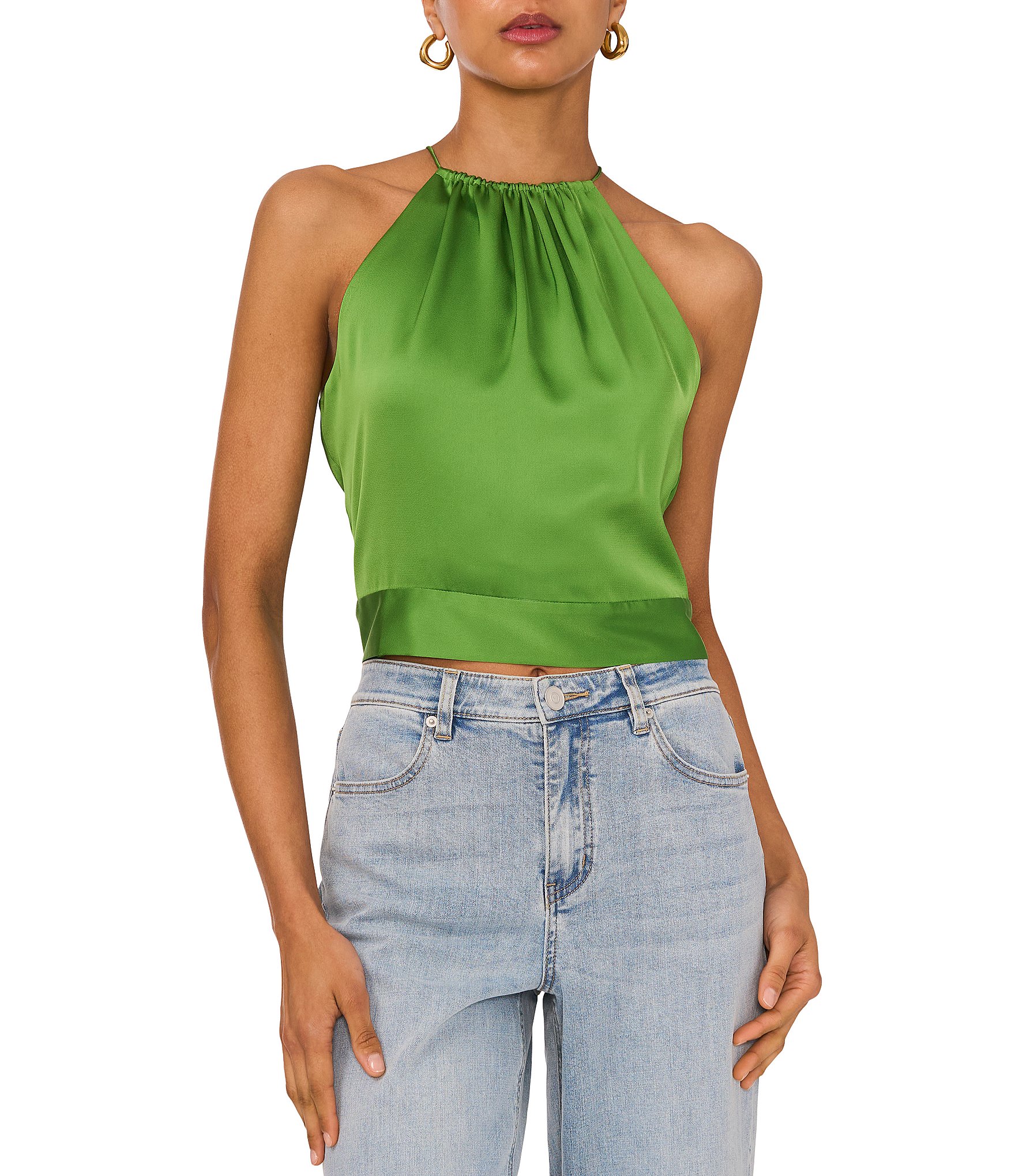 1. STATE Sleeveless Tie Back Halter Neck Satin Top