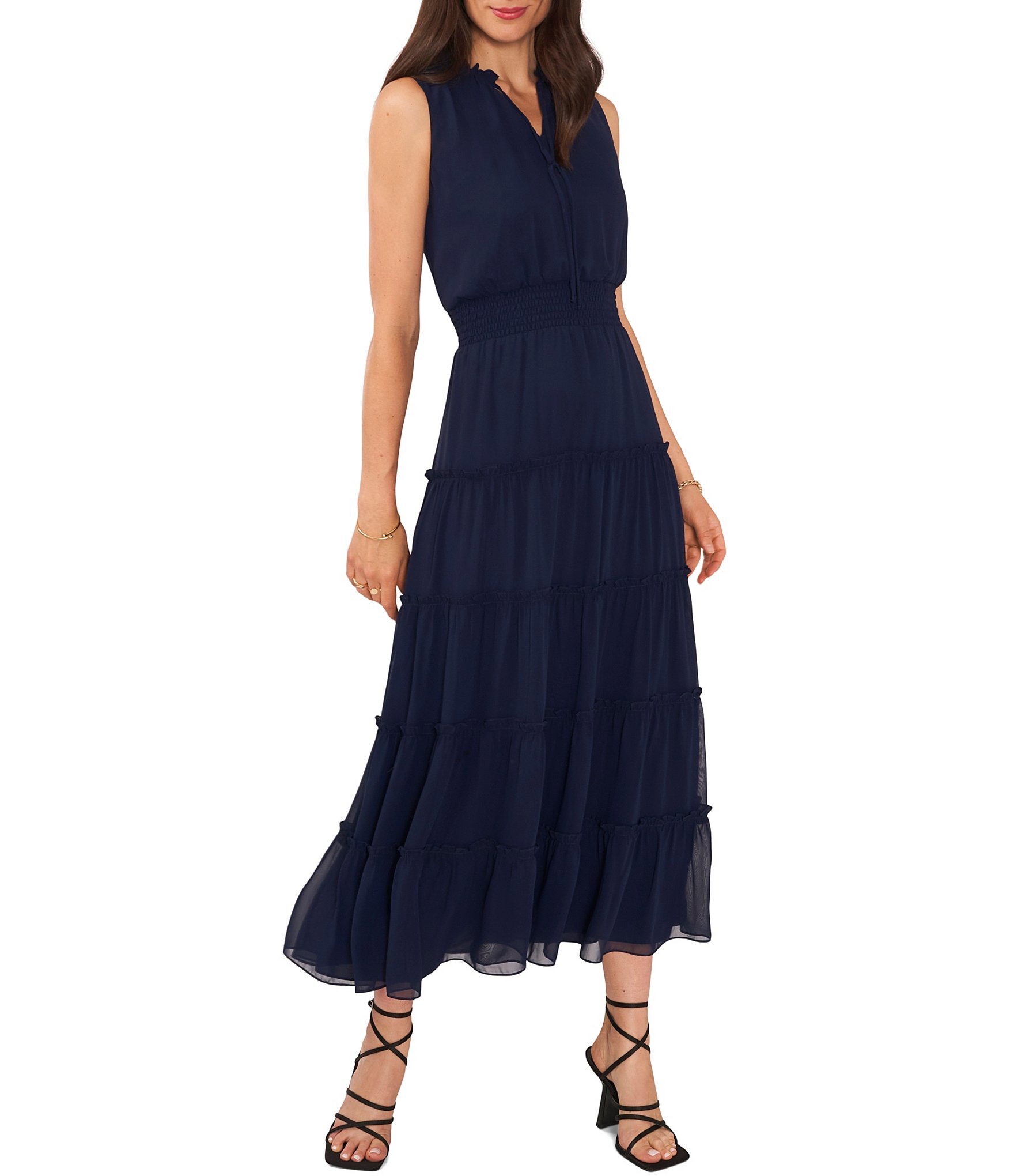 1. STATE Sleeveless Tie V-Neck Smocked Waist Tiered Midi Dress | Dillard's