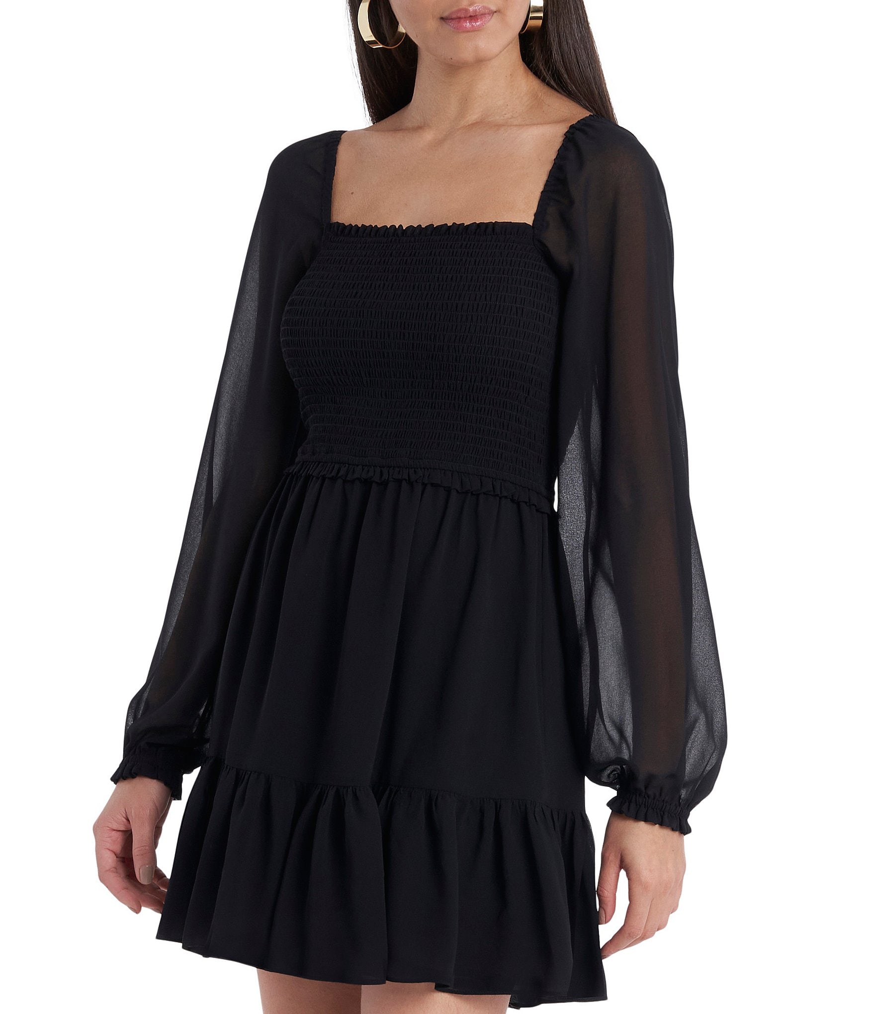 1. STATE Smocked Waist Tiered Ruffle Hem Square Neck Long Sheer Balloon Sleeve A-Line Dress