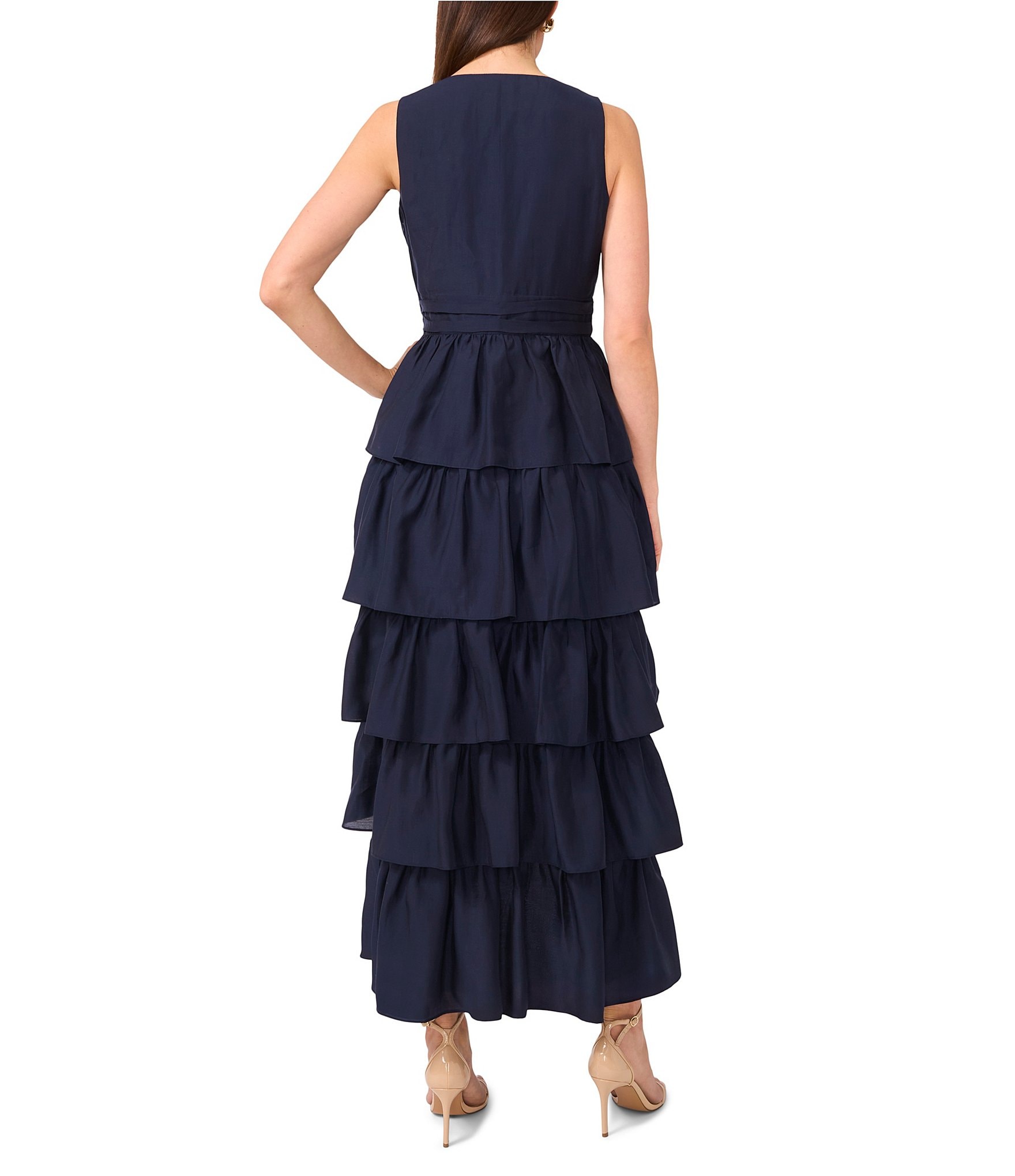 1. STATE V-Neck Sleeveless Cascading Ruffle Maxi A-Line Dress