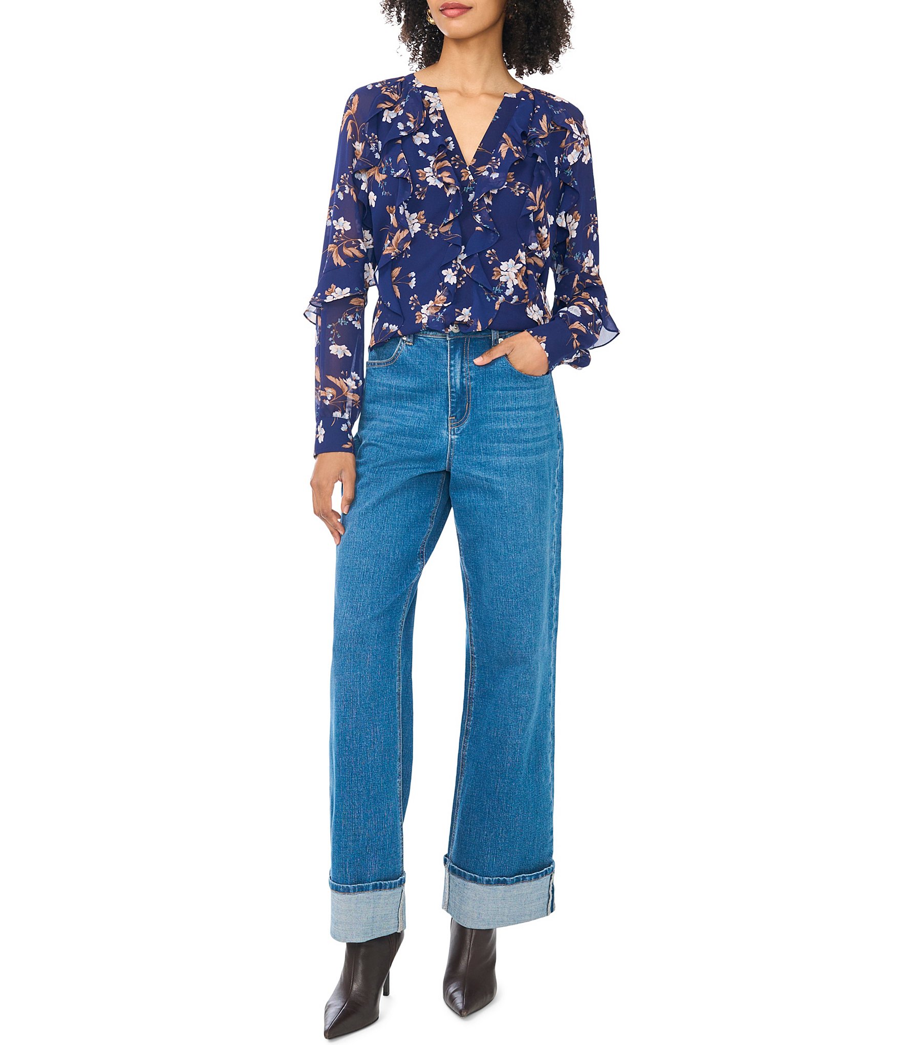 1. State Woven Long Sleeve Ruffle Top