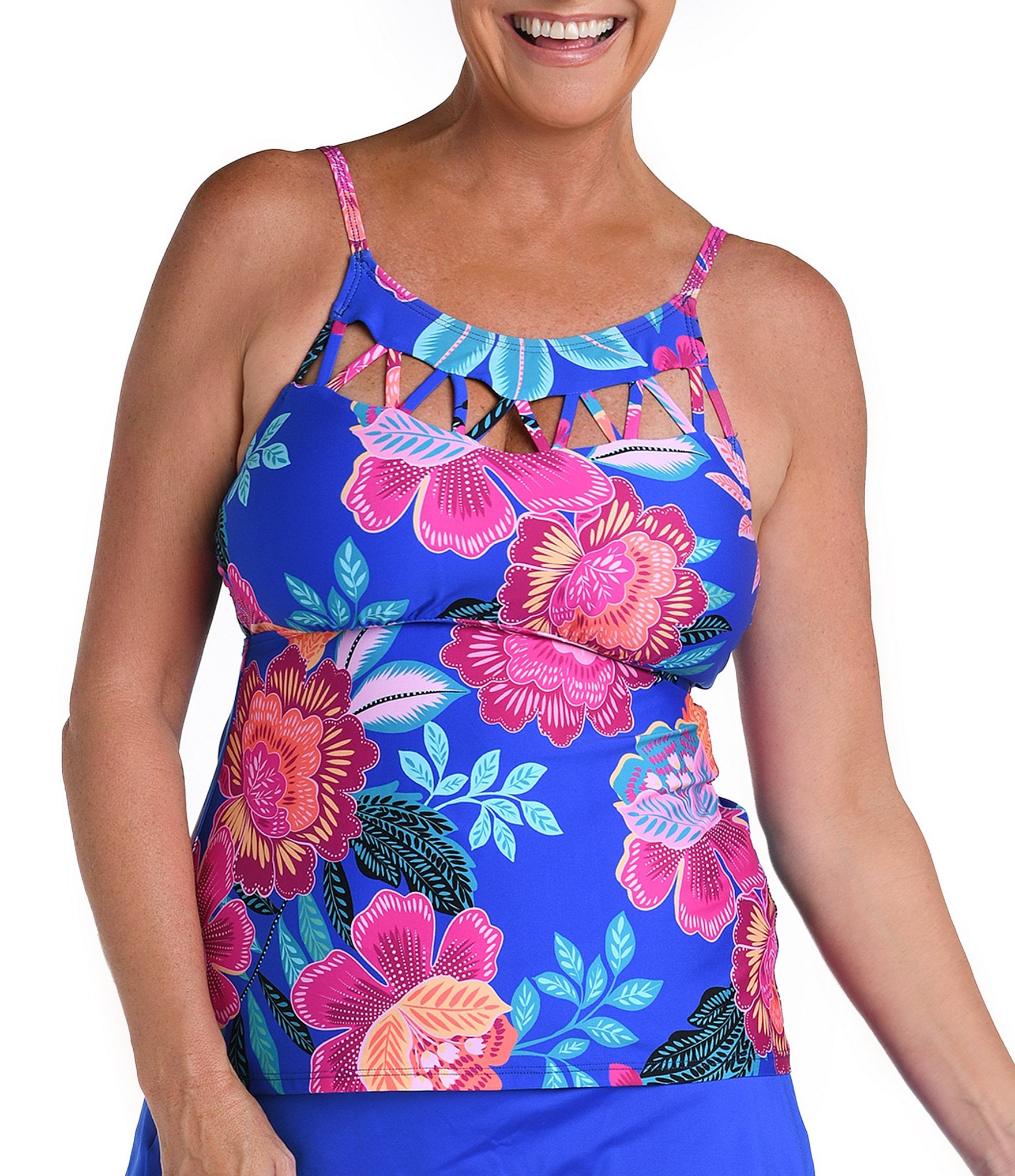 24th & Ocean Plus Size Sketched Floral Keyhole High Neck Underwire Tankini  Swim Top & Solid Tummy Control Swim Bottom