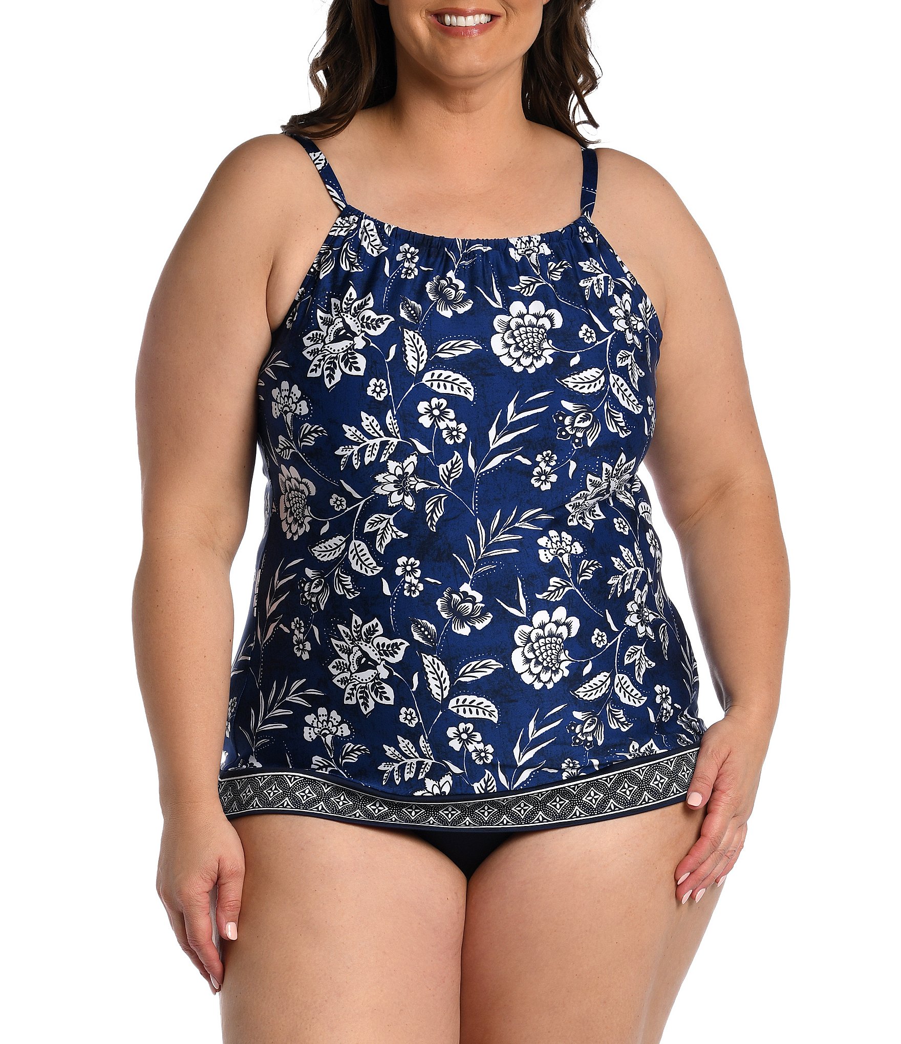 24th And Ocean Plus Size Bali Batik High Neck Tankini Swim Top And Solids Mid Waist Sliced Tummy 