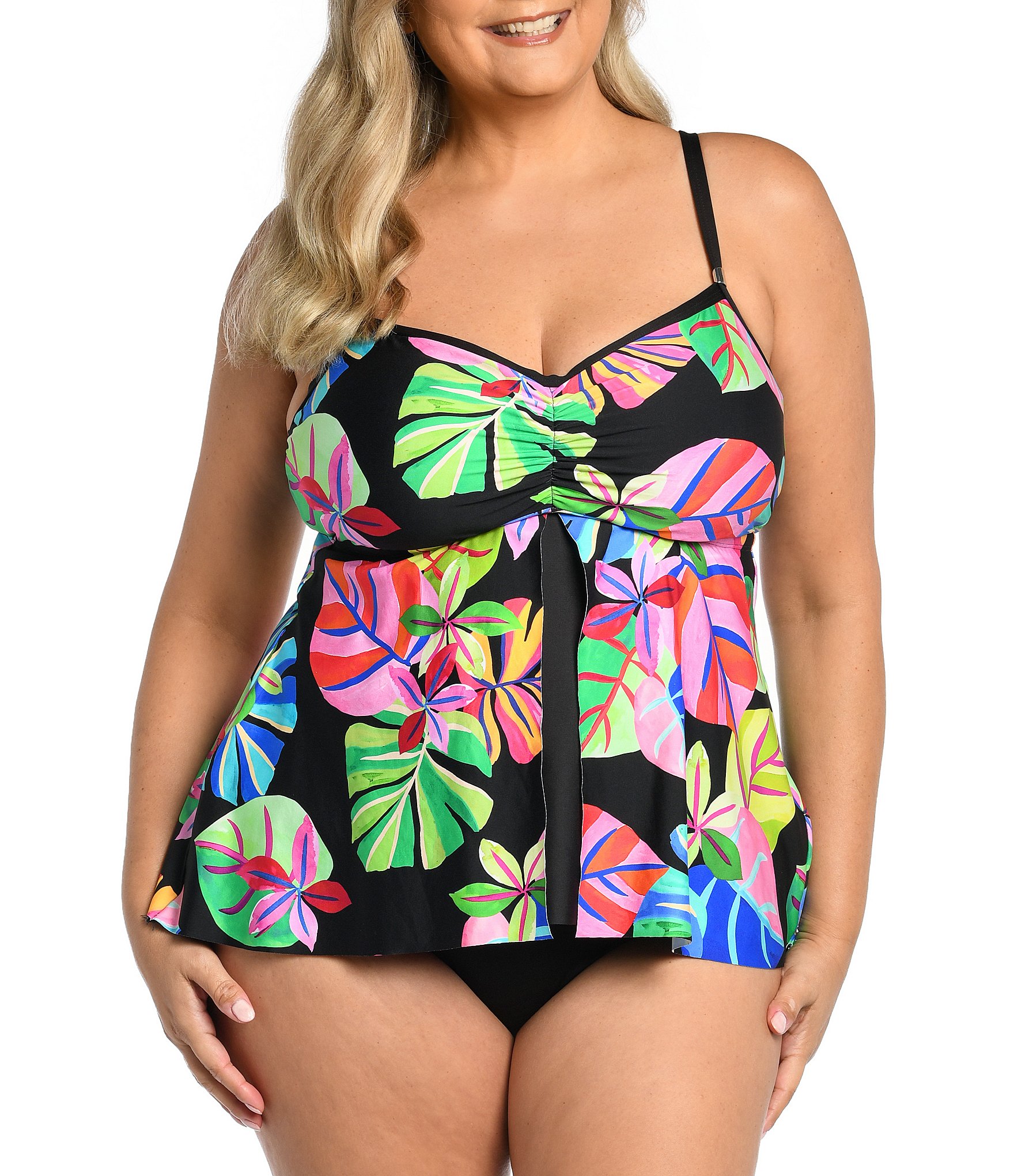 24th & Ocean Plus Size Flyaway Tropical Floral Print Sweetheart Neck  Underwire Tankini Swim Top & Solid Tummy Control Swim Bottm | Dillard's