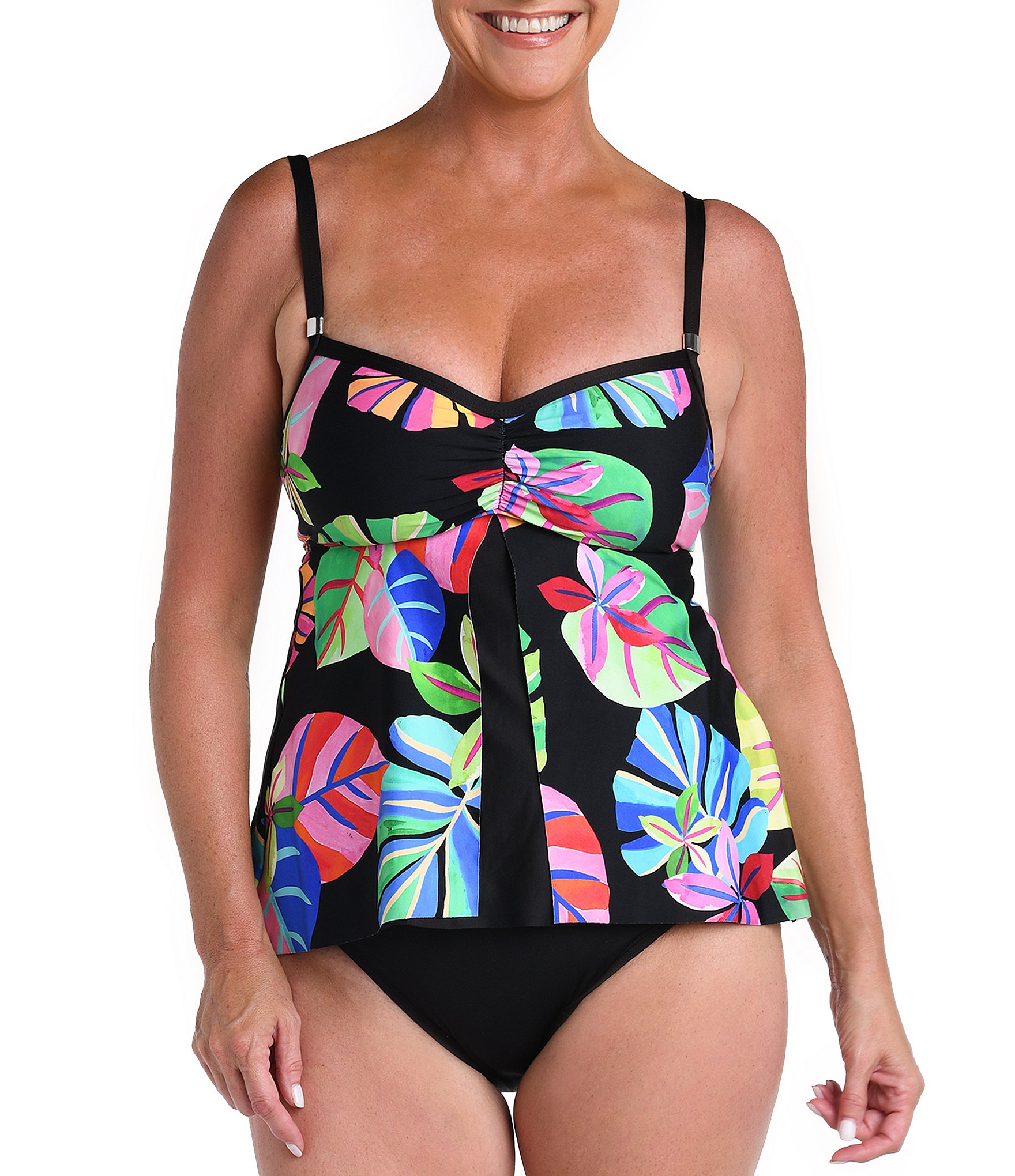 24th And Ocean Flyaway Tropical Floral Print Sweetheart Neck Underwire Tankini Swim Top And Tummy