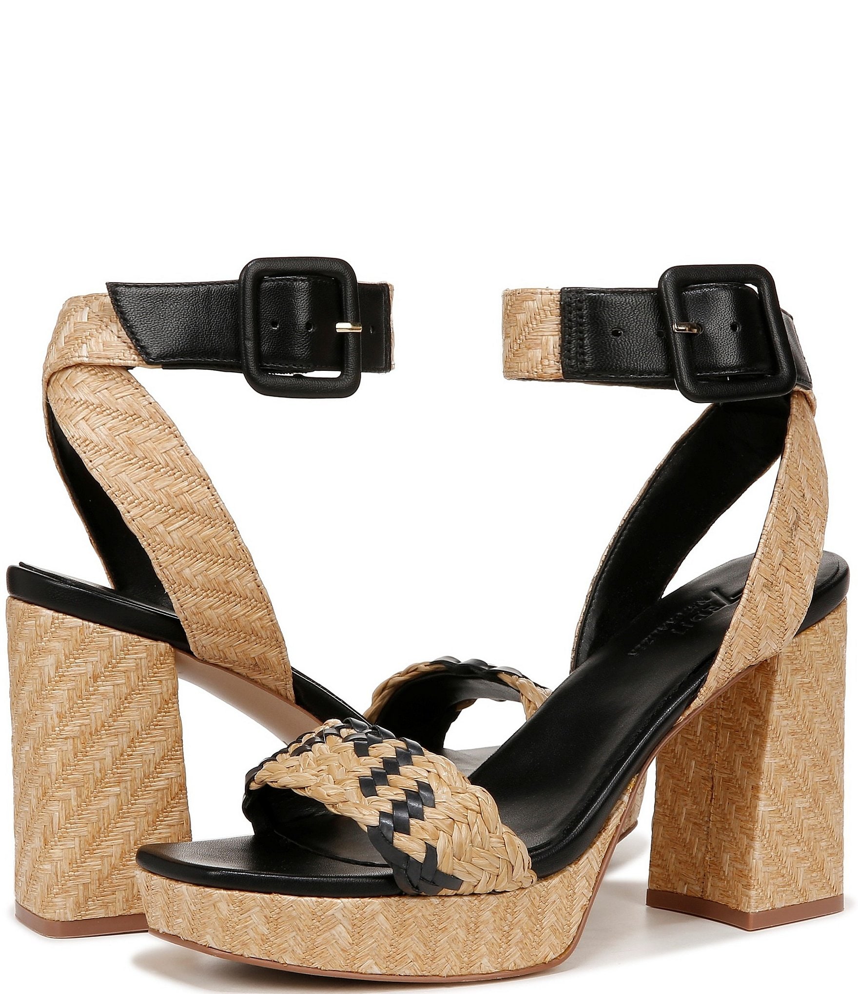 Naturalizer 27 EDIT Jaselle Braided Straw and Leather Square Toe Buckle Detail Ankle Strap Platform Dress Sandals