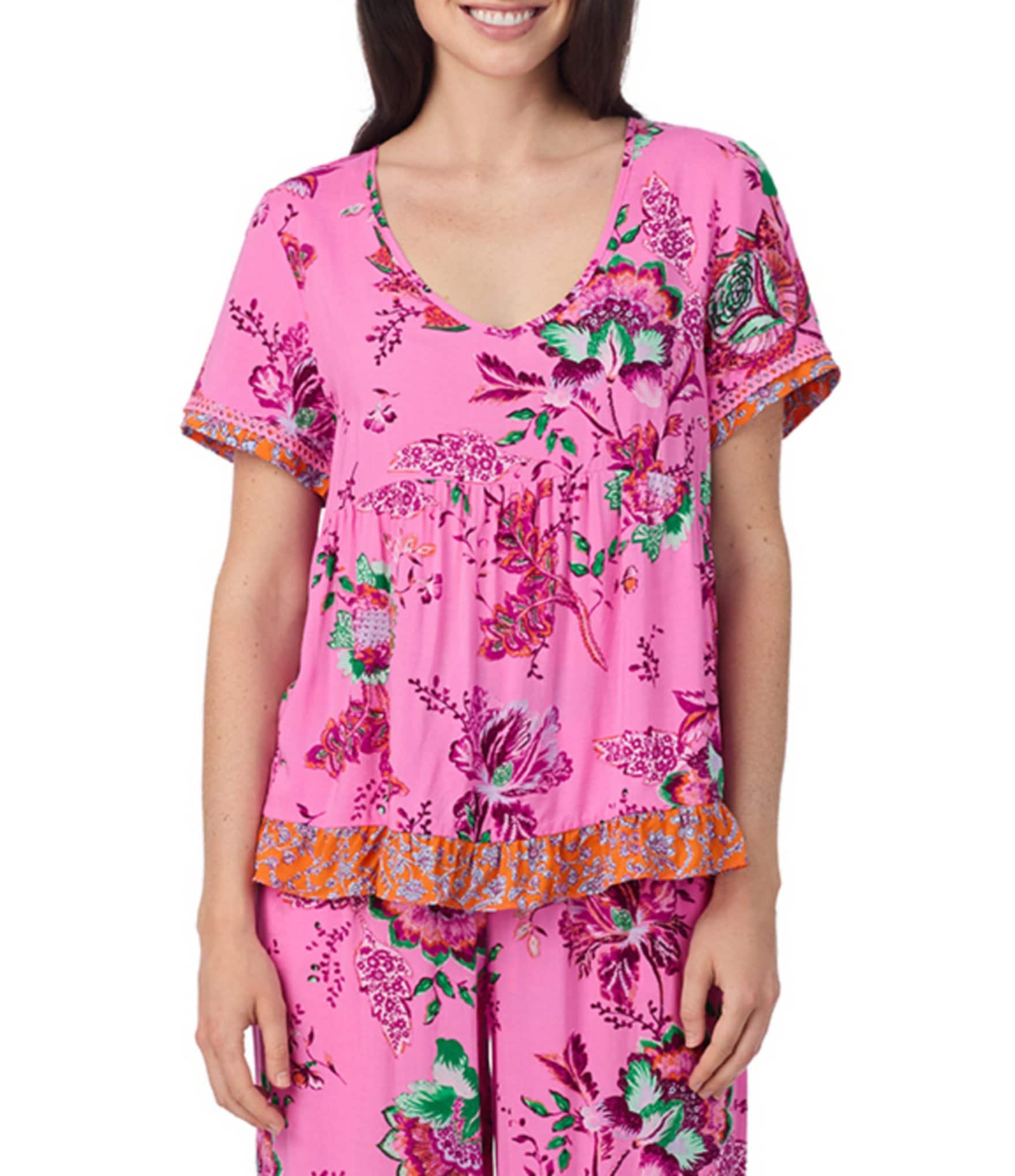 40 Winks Bohemian Floral Print Short Sleeve V-Neck Coordinating Sleep Top