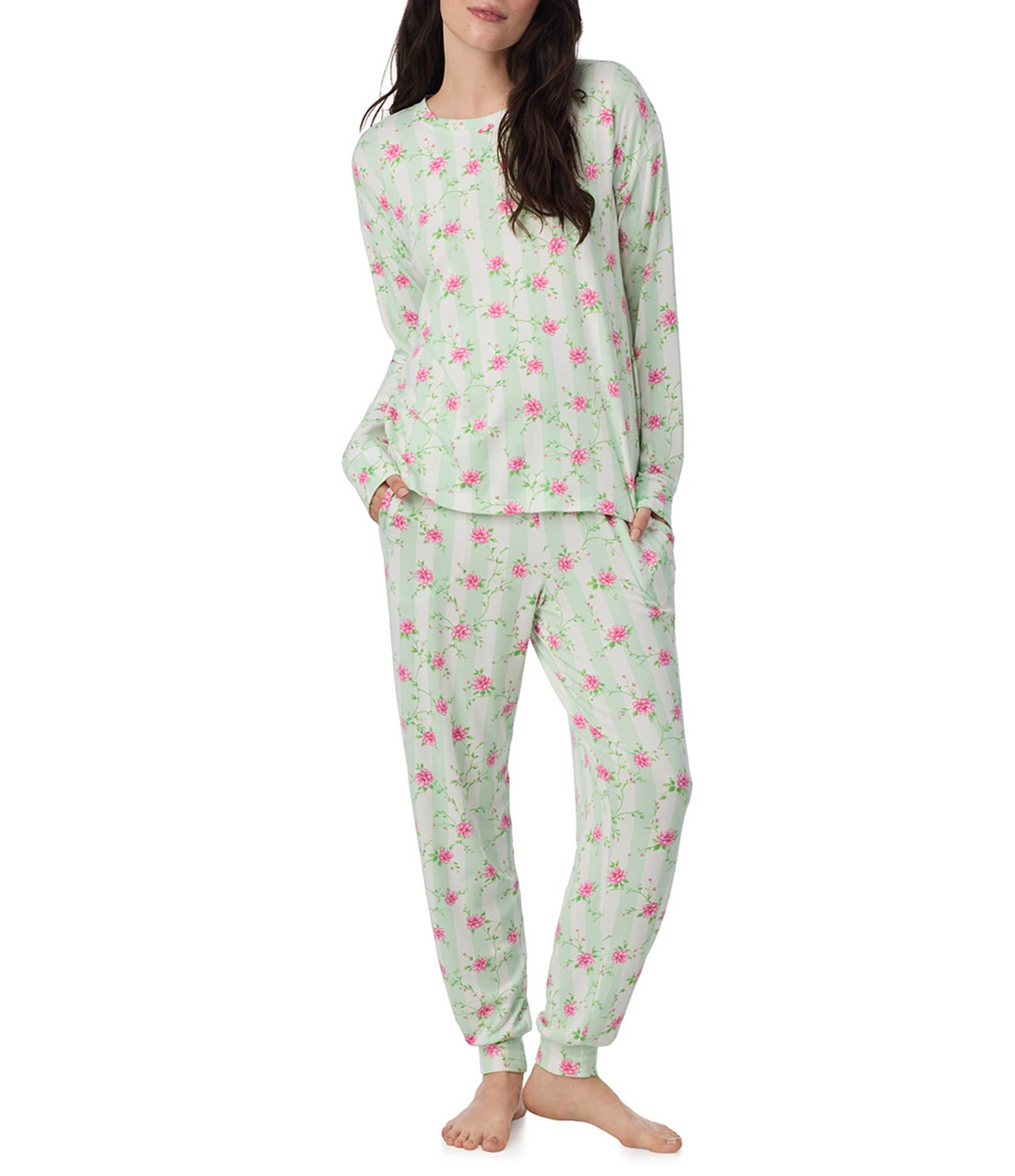 40WINKS Floral Stripe Print Long Sleeve Crew Neck Knit Jogger Pajama Set