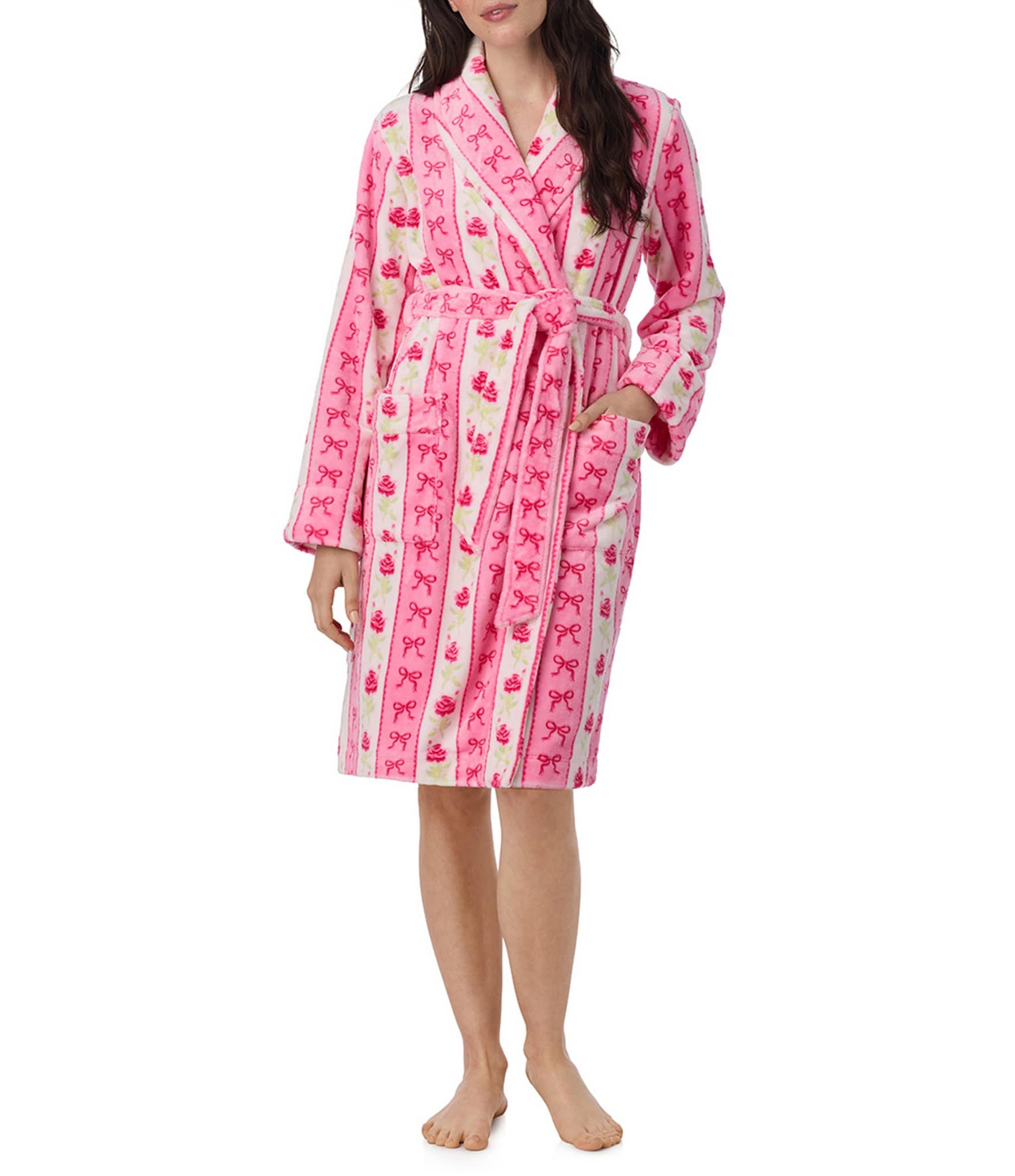 40WINKS Floral Stripe Print Long Sleeve Shawl Collar Short Robe