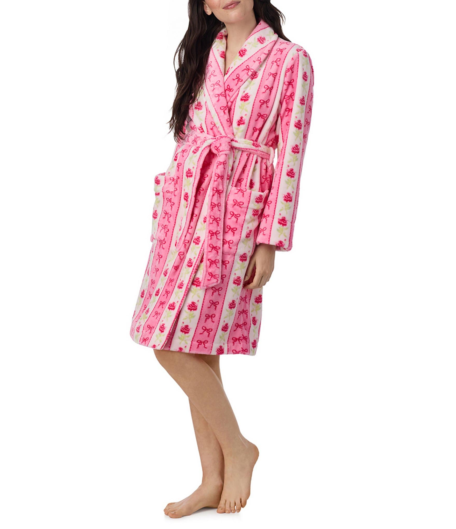40WINKS Floral Stripe Print Long Sleeve Shawl Collar Short Robe