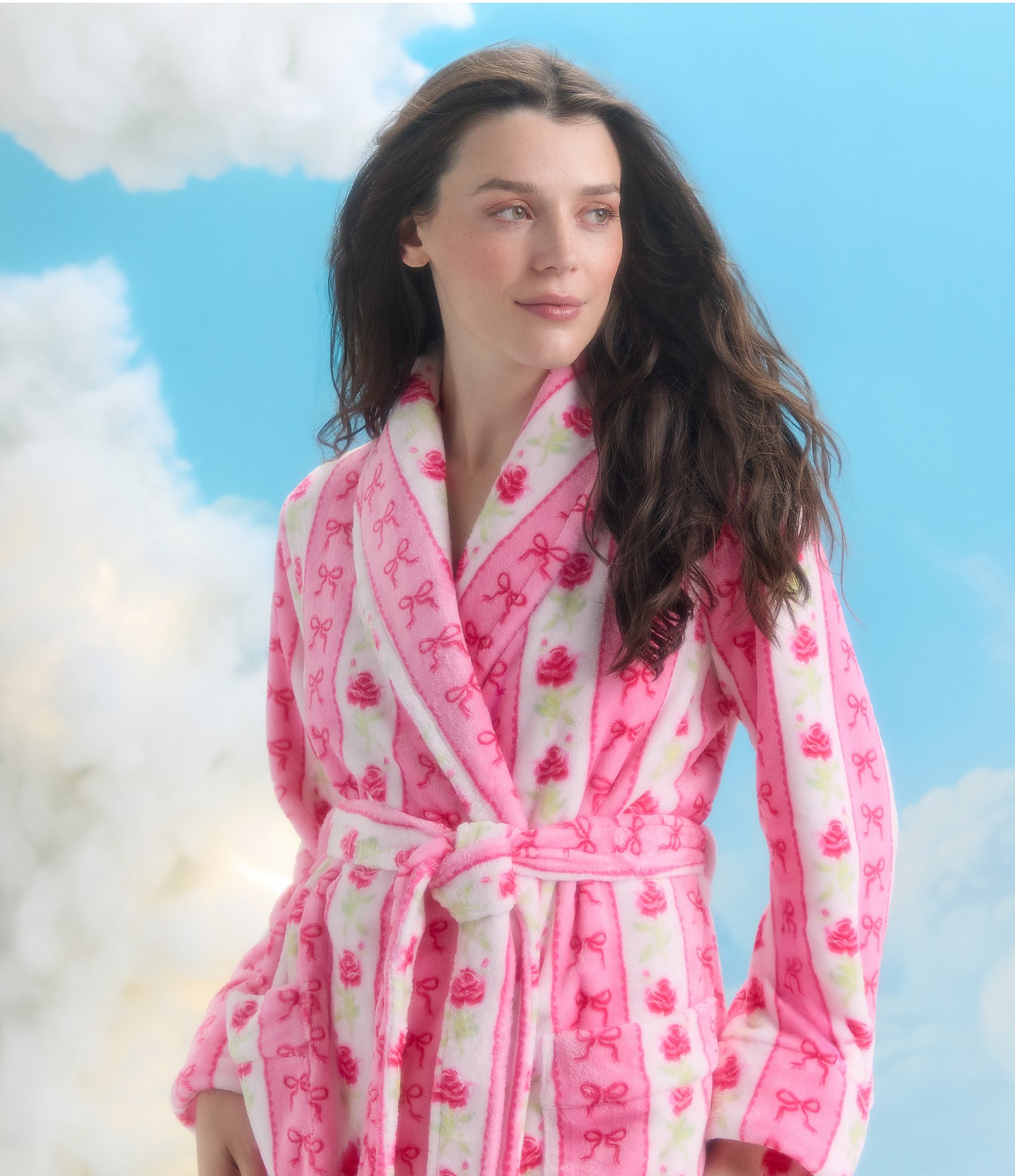 40WINKS Floral Stripe Print Long Sleeve Shawl Collar Short Robe
