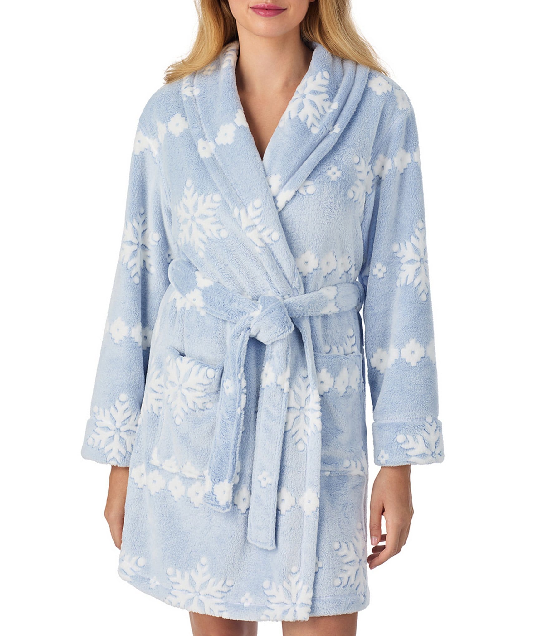 40WINKS Long Sleeve Shawl Collar Frosted Jacquard Chenille Snowflake Print Short Cozy Robe