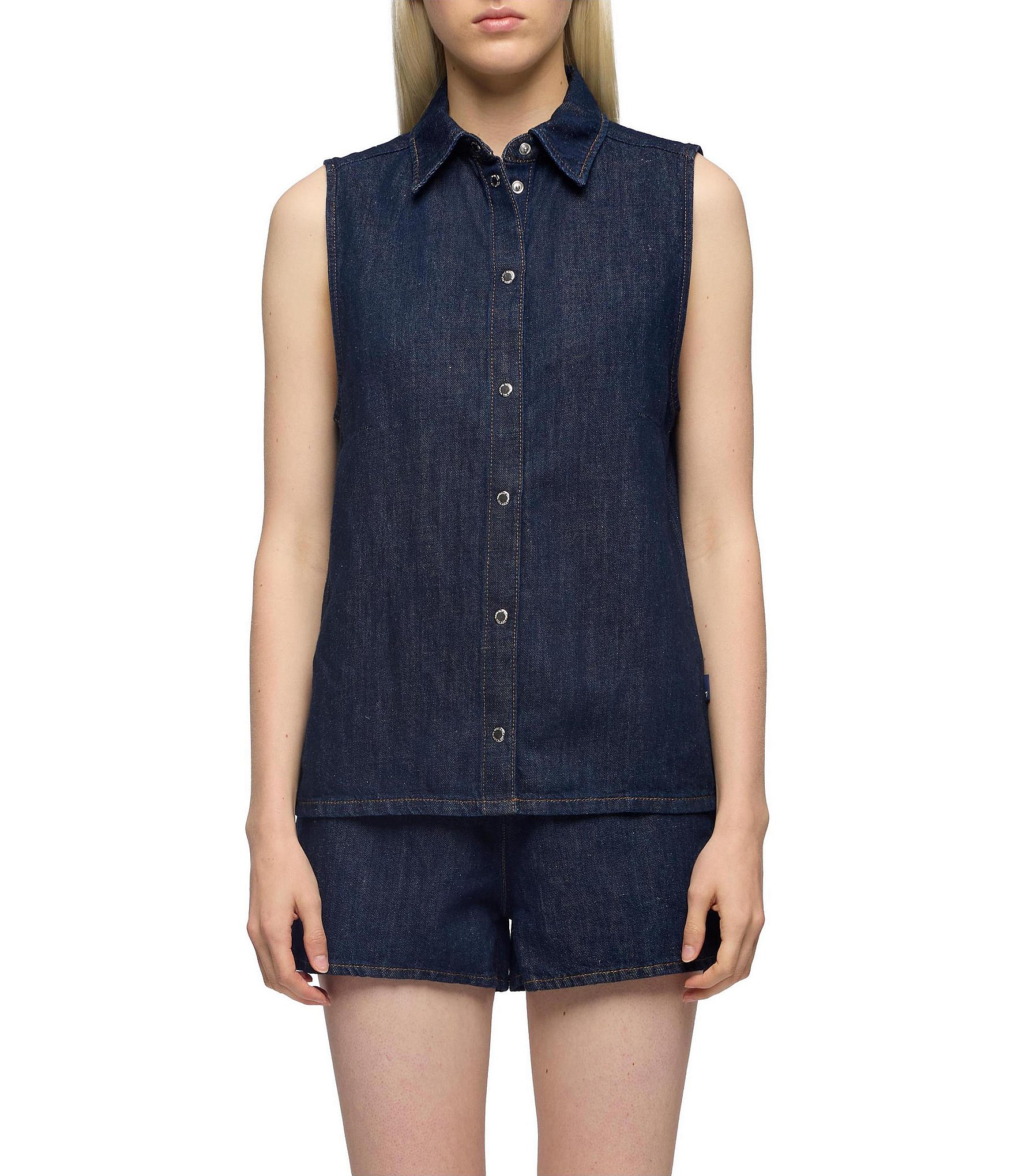 7 For All Mankind Dark Wash Linen Blend Collared Neck Sleeveless Coordinating Button-Front Shirt