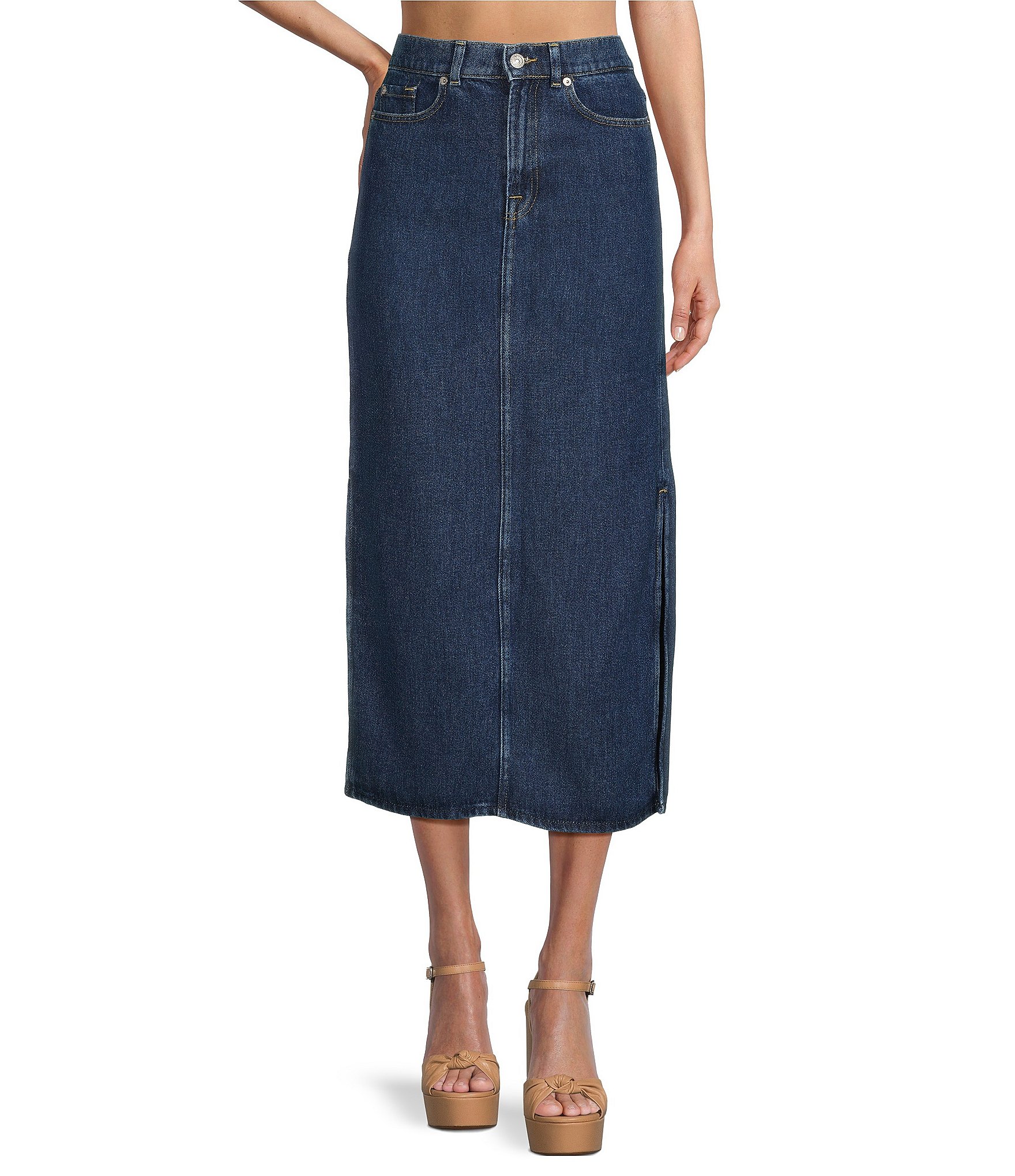 7 for all mankind Denim High Waisted Side Slit Midi Skirt | Dillard's