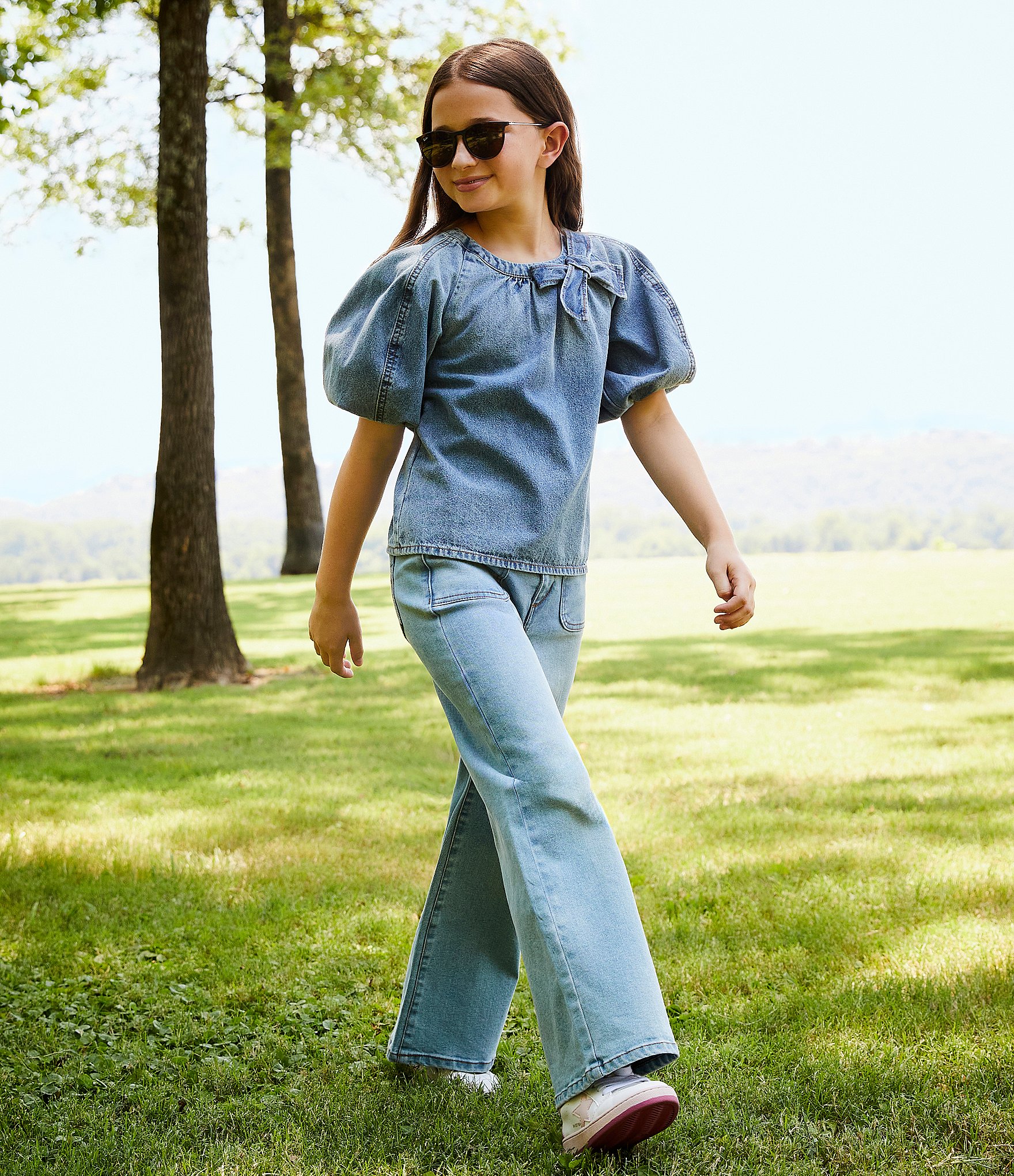 A Loves A Big Girls 7-16 Denim Bubble Sleeve Top