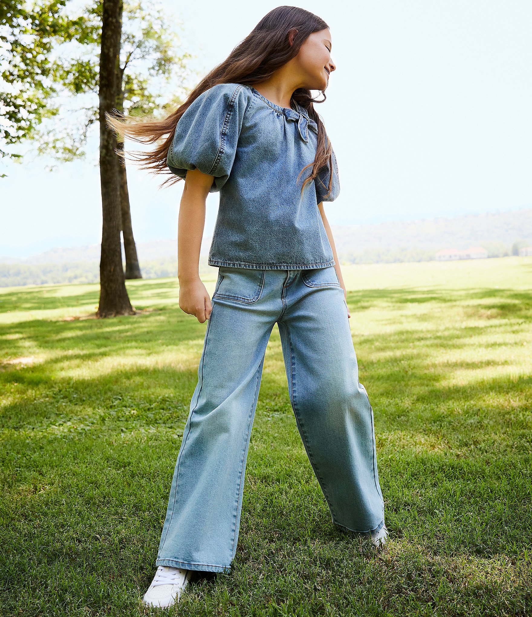 A Loves A Big Girls 7-16 Denim Bubble Sleeve Top