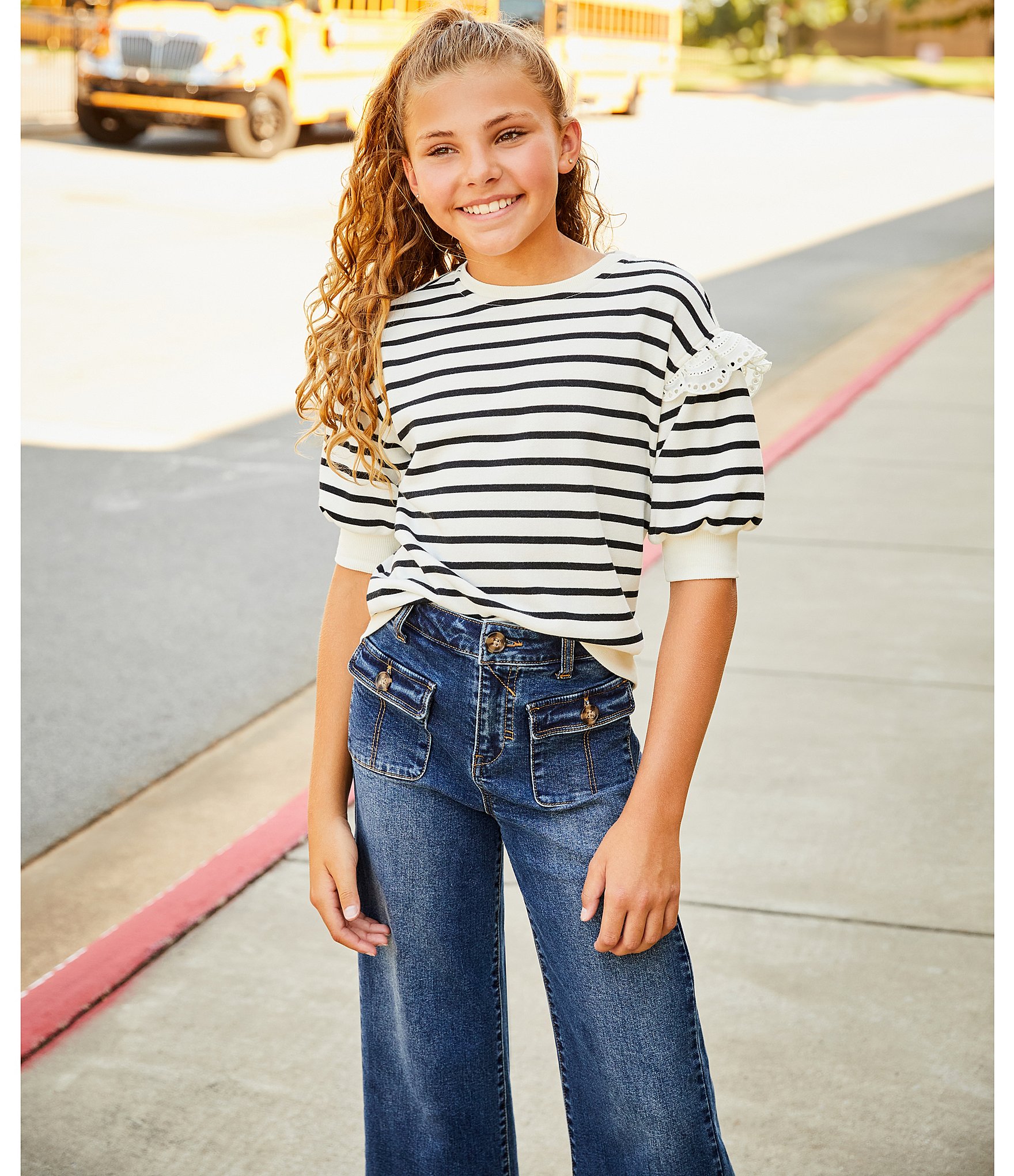 A Loves A Big Girls Stripe Ruffle Short Sleeve Sweater