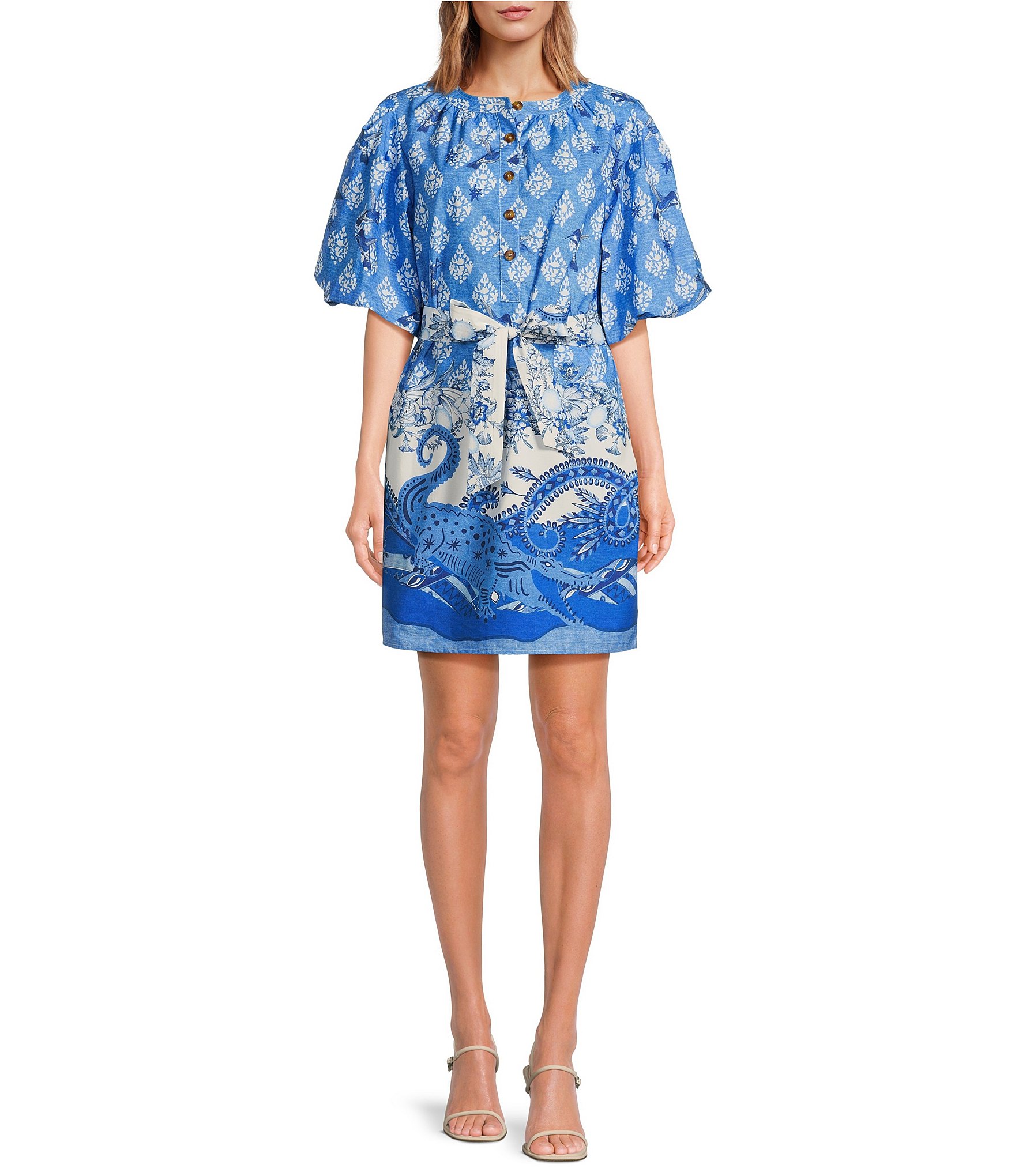 A Loves A Border Print Mandarin Collar Short Bubble Sleeve A Loves A Border Print Mandarin Collar Short Bubble Sleeve