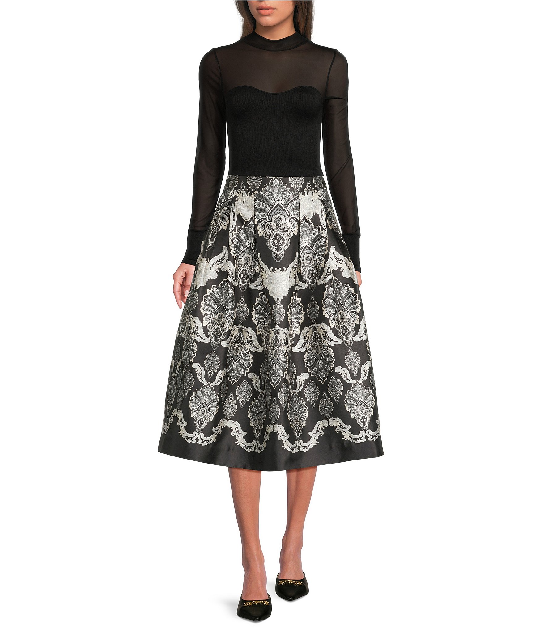 A Loves A Brocade Damask Print High Rise A-Line Flounce Midi Skirt