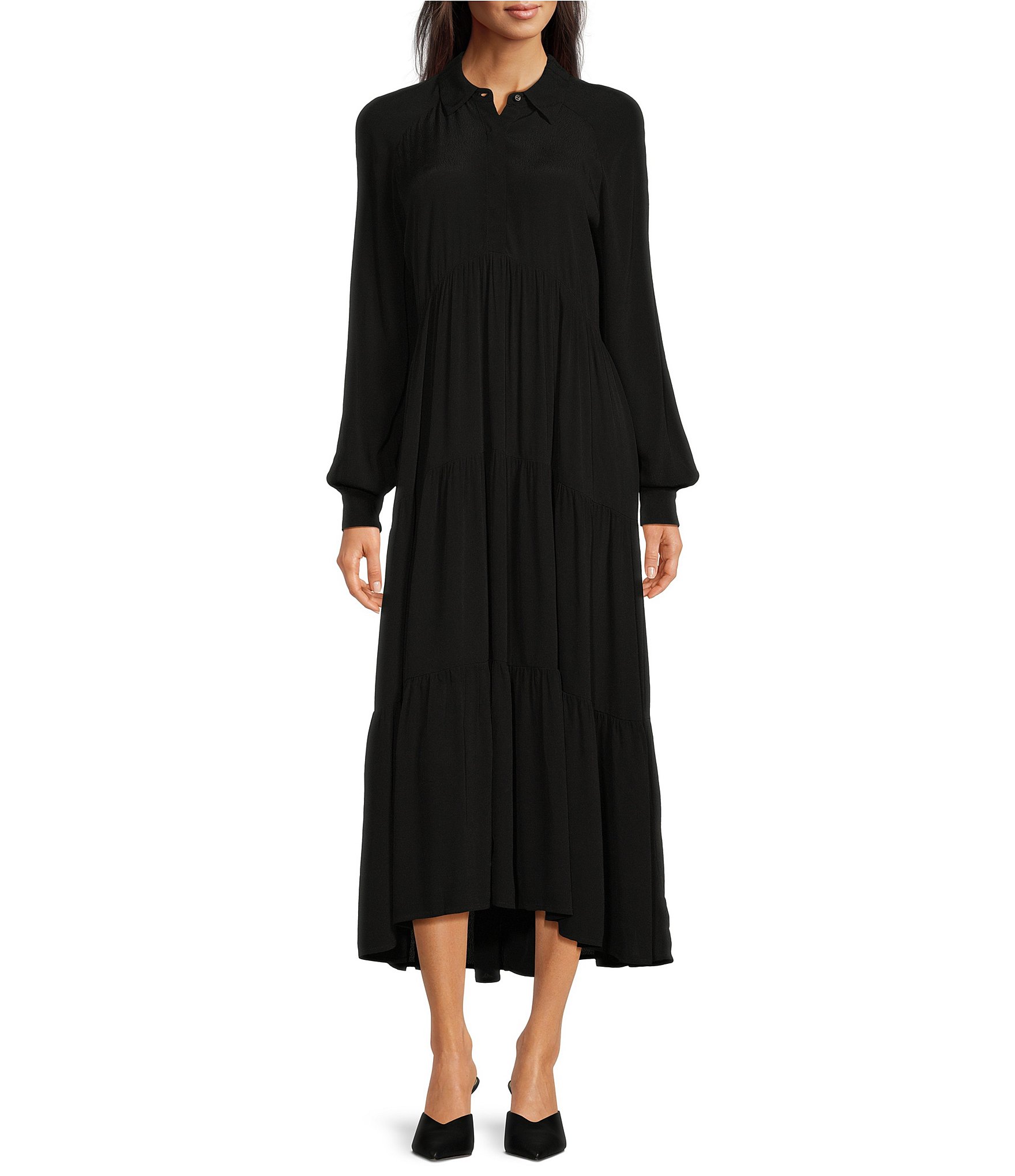 A Loves A Button Down Collar Long Sleeve Tiered Maxi Shirt Dress ...