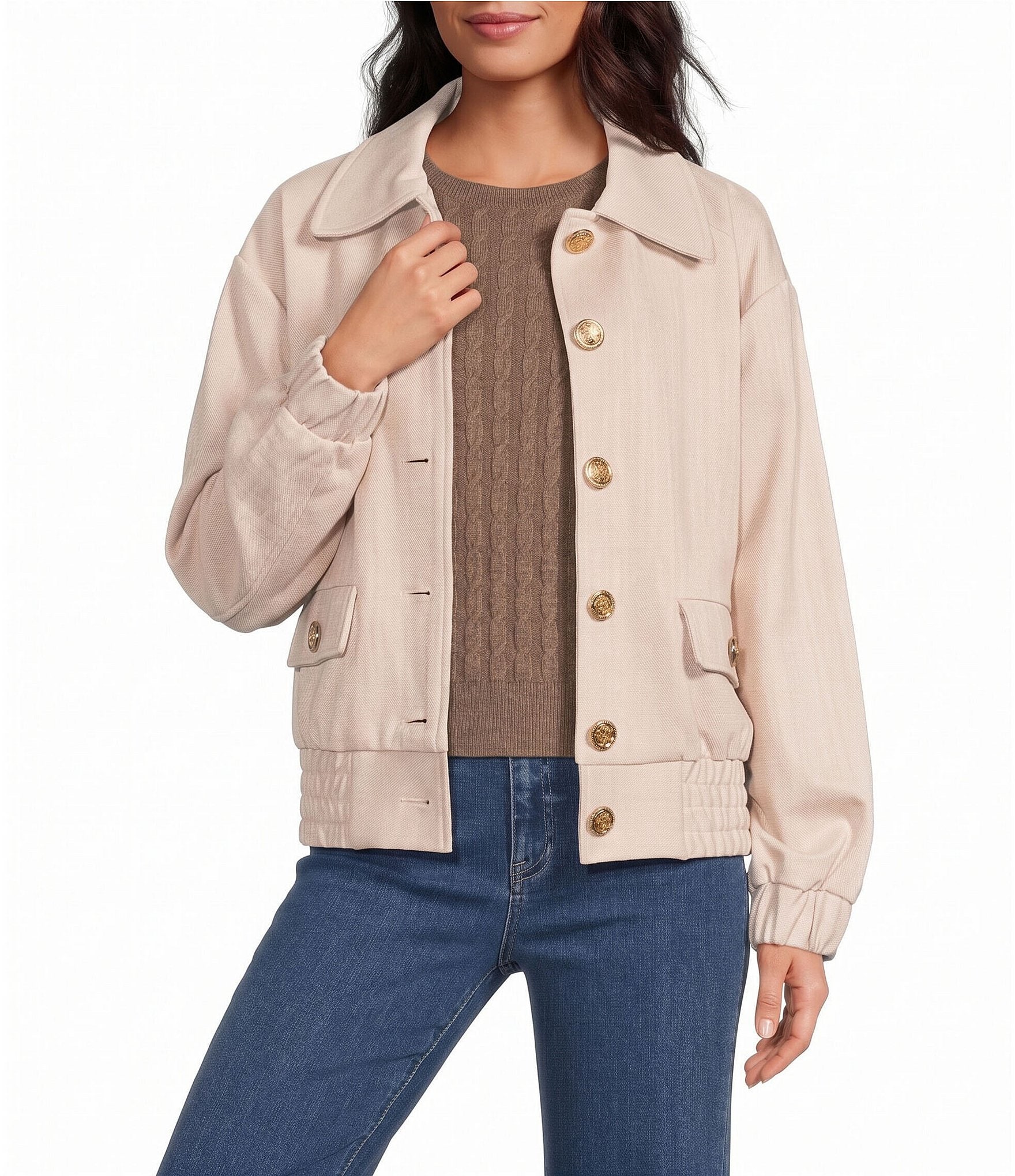 A Loves A Collared Long Sleeve Button Front Bomber Jacket