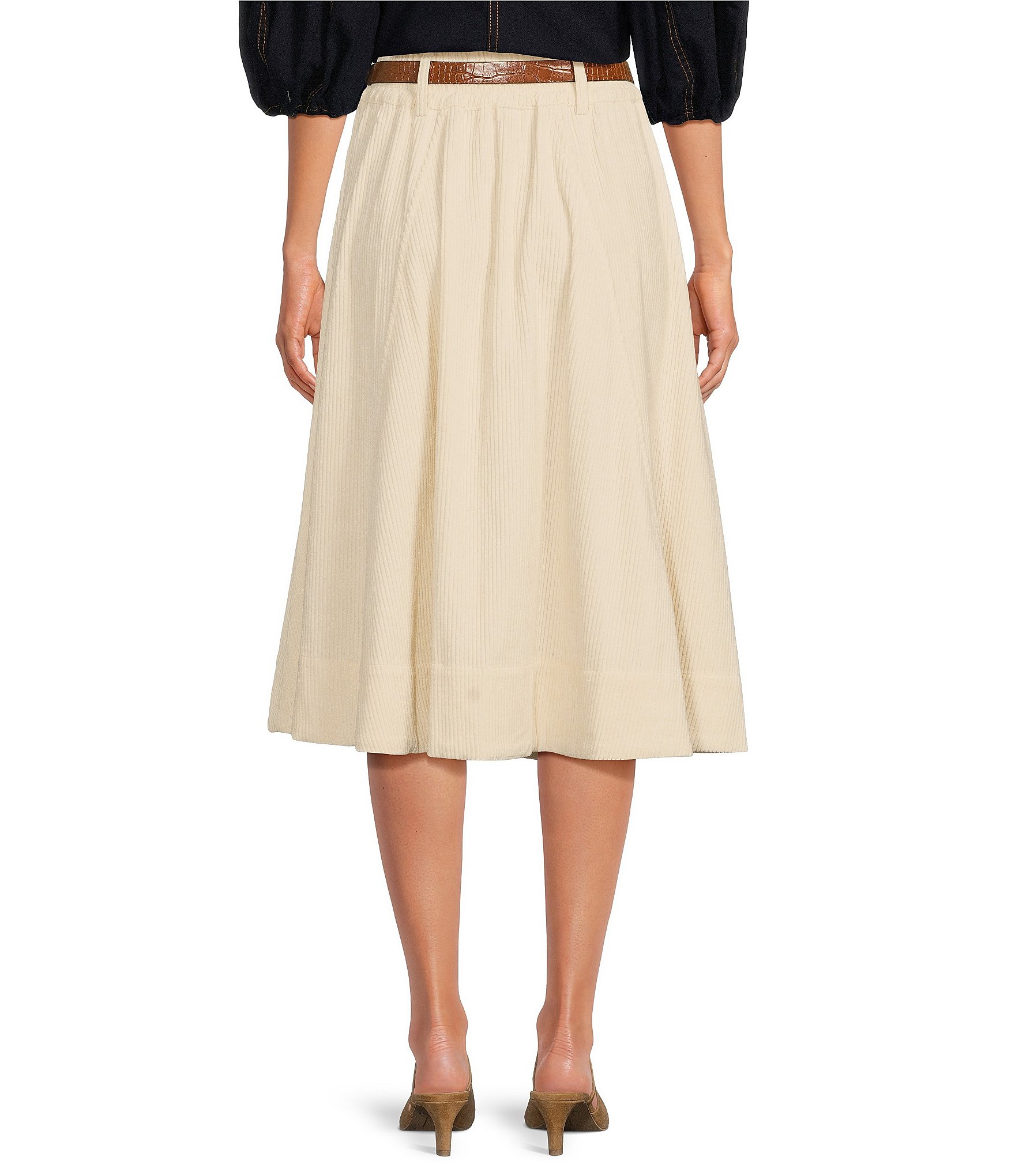 A Loves A Corduroy High Rise Smocked Waist Belted A-Line Coordinating Midi Skirt