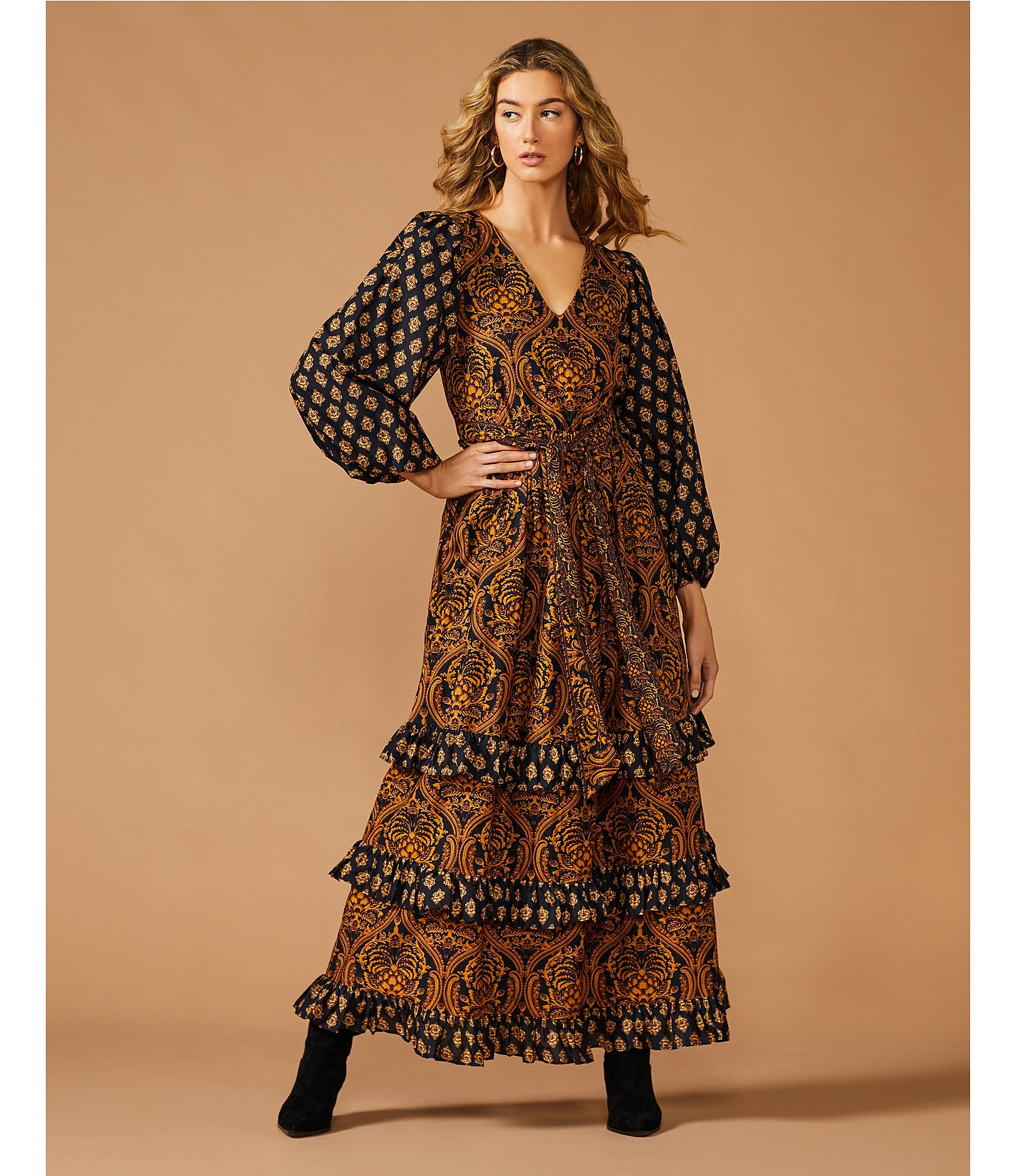 A Loves A Damask Print Voile V-Neck Long Bubble Sleeve Tie at Waist Tiered Ruffle A-Line Maxi Dress