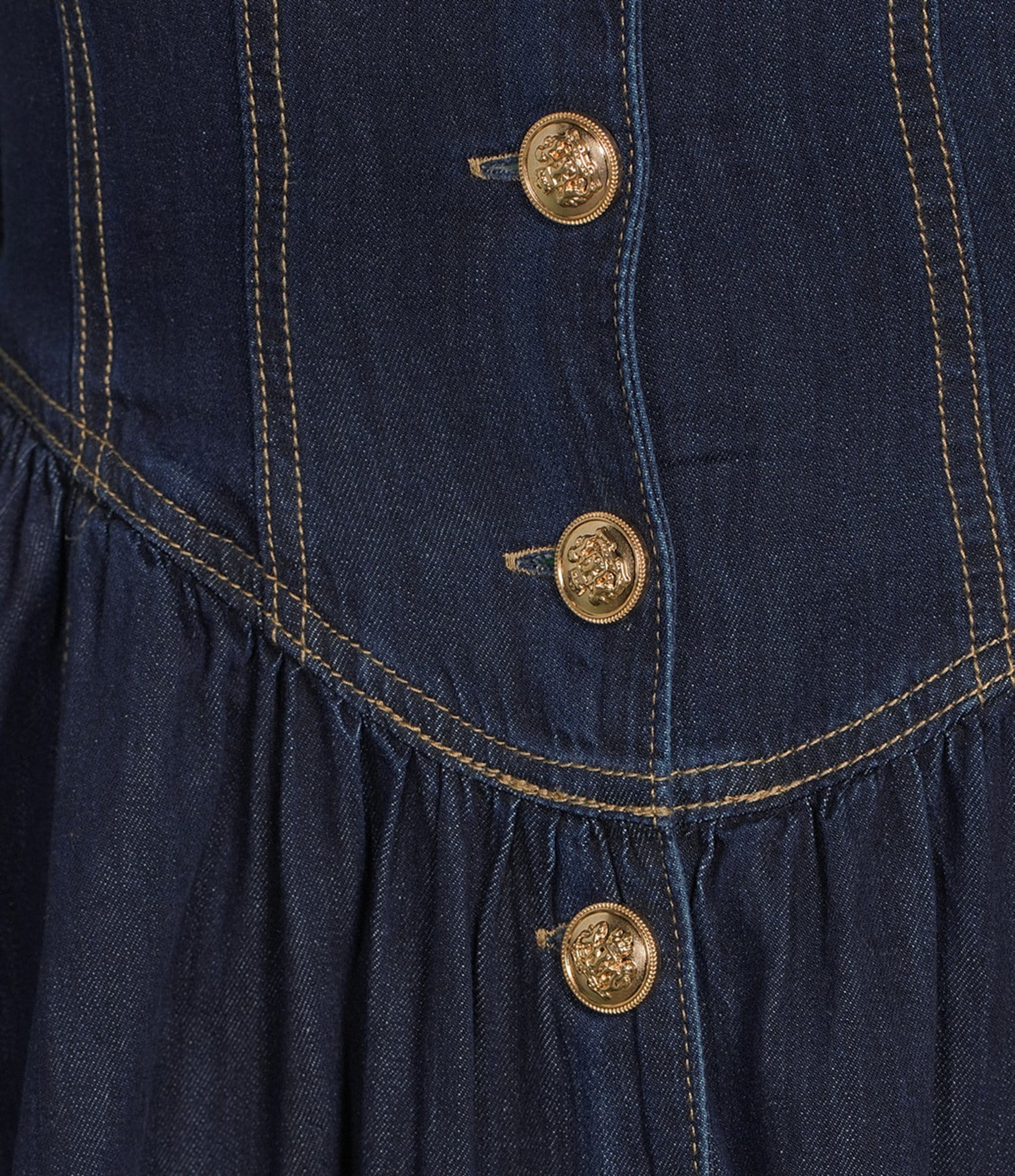 A Loves A Denim Notch Lapel 3/4 Bubble Sleeve Button Front Basque Waist Fit and Flare A-Line Maxi Dress