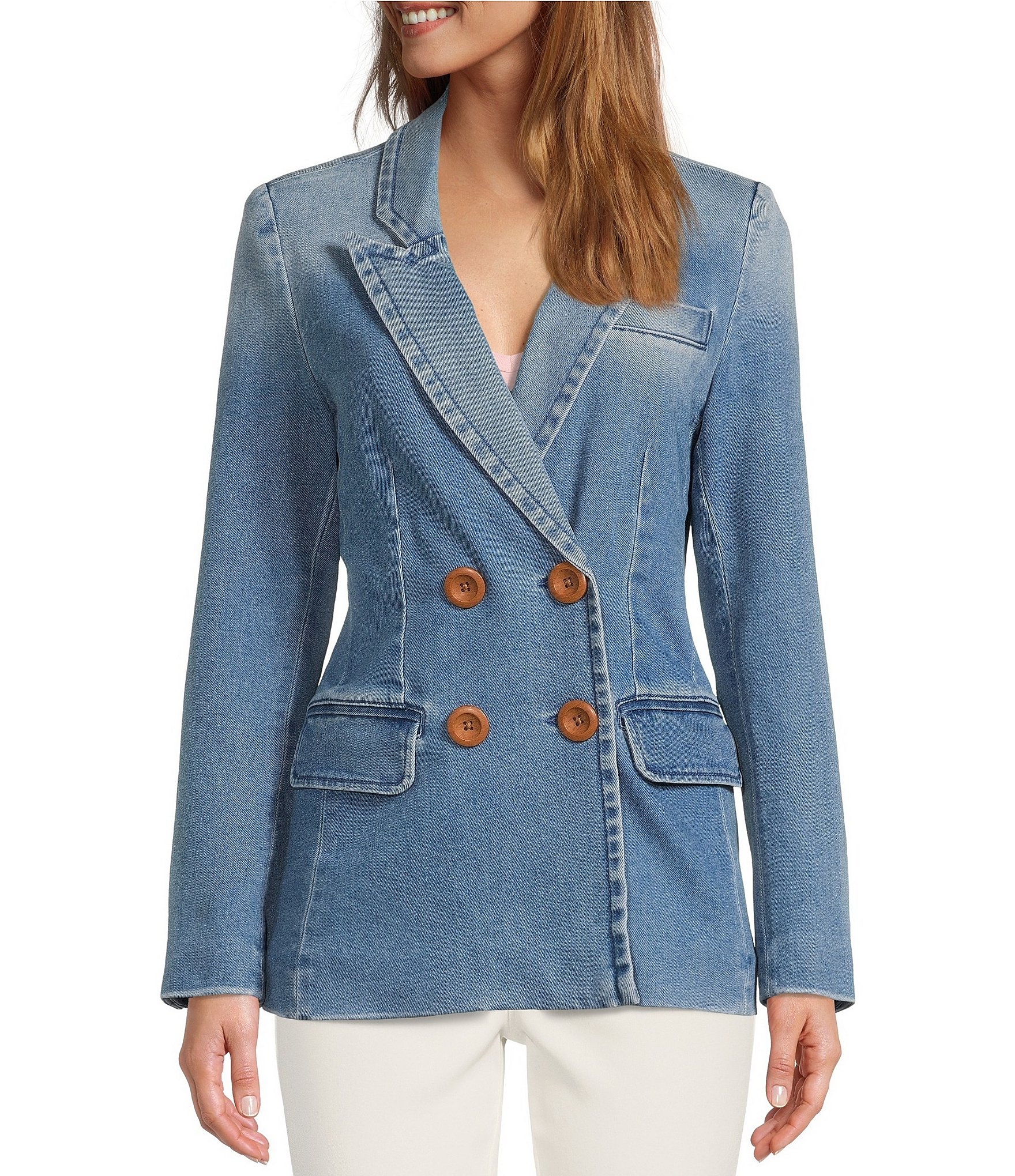 A Loves A Double Breasted Notch Lapel Denim Blazer | Dillard's