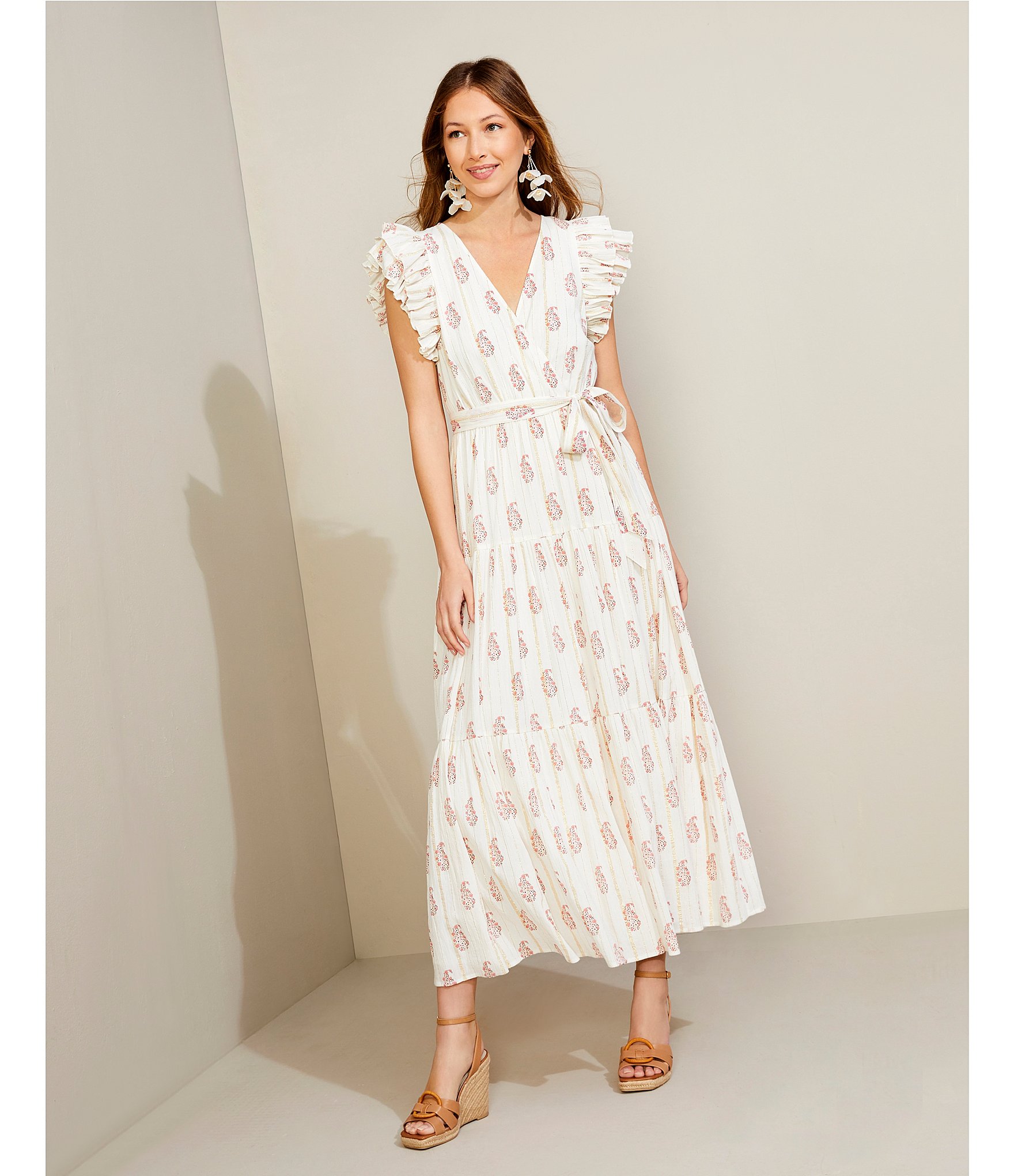 A Loves A Floral Metallic Striped Print Surplice V-Neck Short Ruffled Sleeve Tiered Maxi Dress