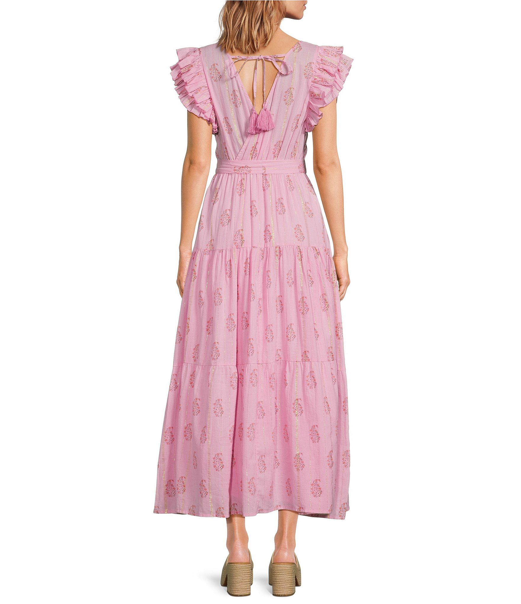 A Loves A Floral Metallic Striped Print Surplice V-Neck Short Ruffled Sleeve Tiered Maxi Dress