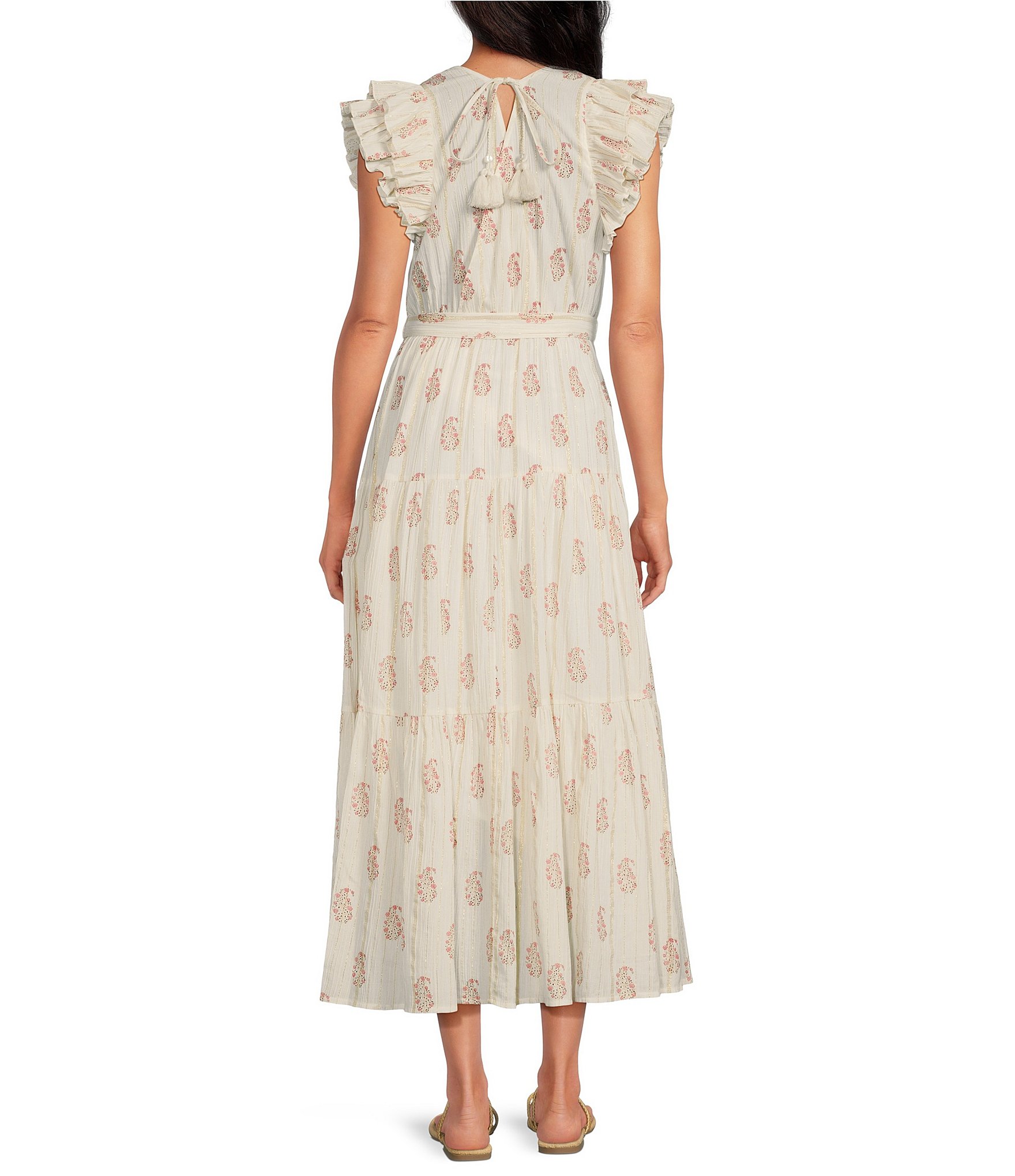 A Loves A Floral Metallic Striped Print Surplice V-Neck Short Ruffled Sleeve Tiered Maxi Dress