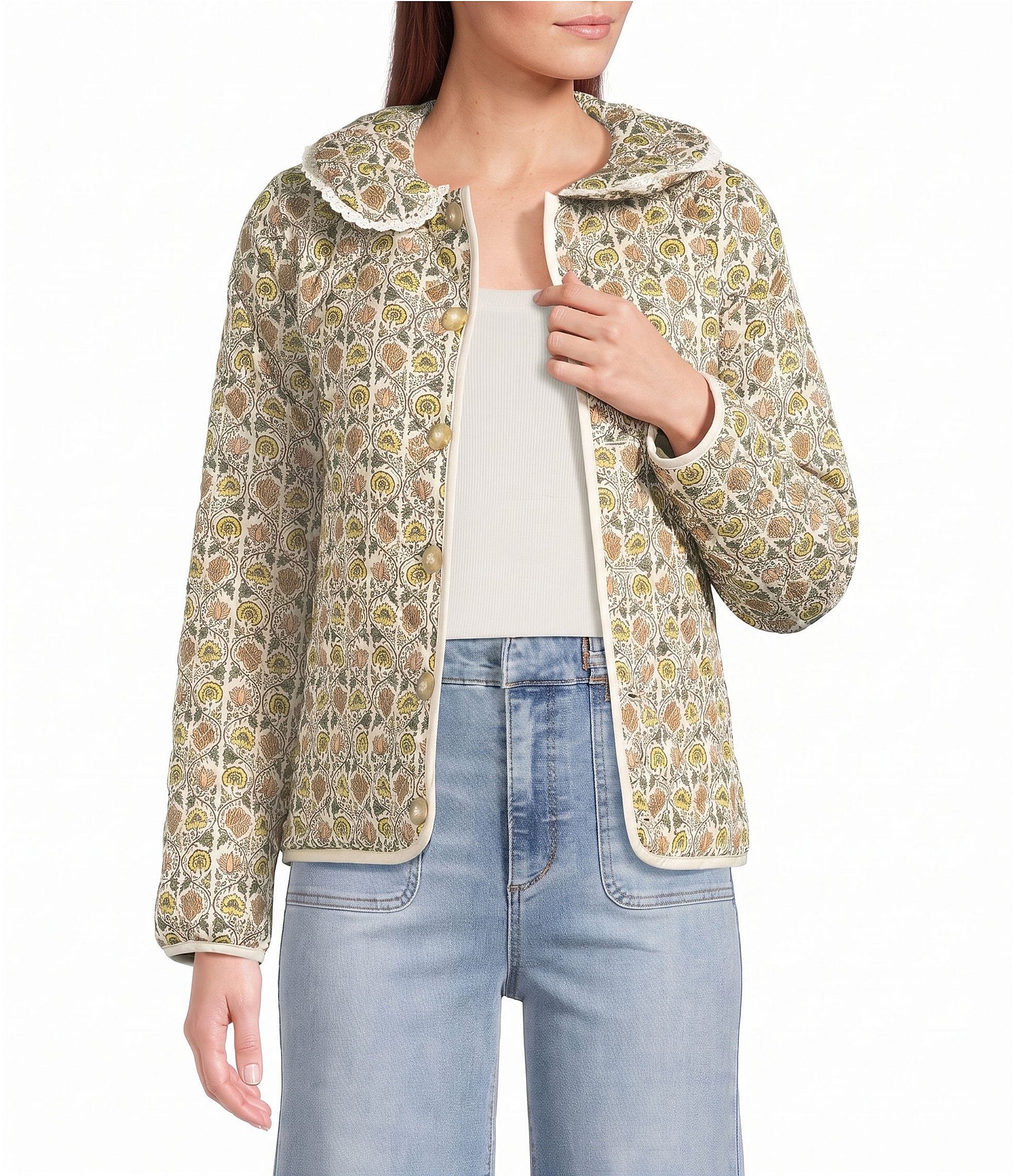 A Loves A Floral Printed Collared Scoop Neck Long Sleeve Reversible Quilted Jacket