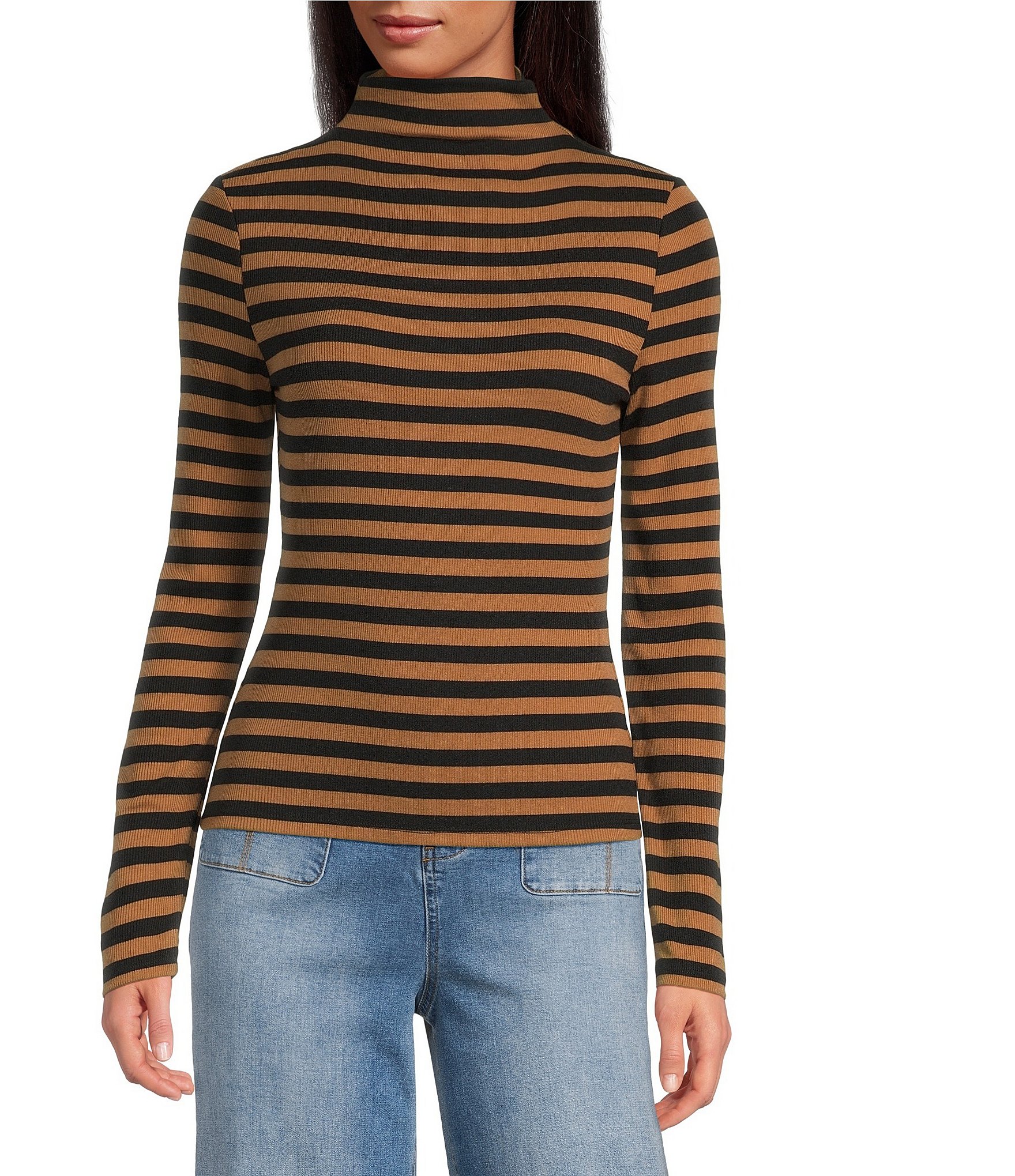 A Loves A Horizontal Stripe Print Stretch Knit Turtleneck Long Sleeve Tee