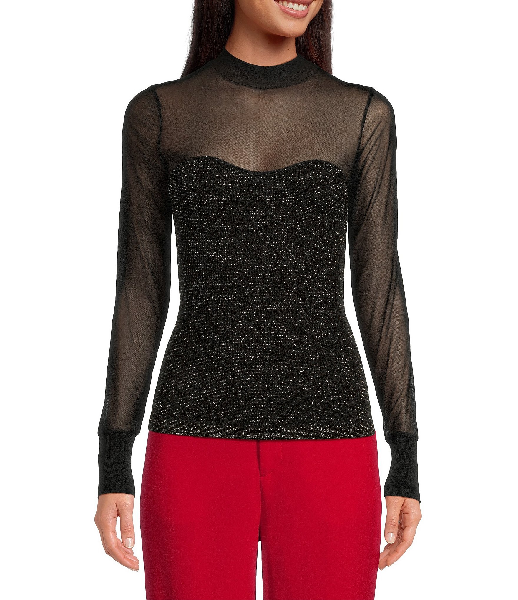 A Loves A Knit Mock Neck Illusion Mesh Sparkle Long Sleeve Top