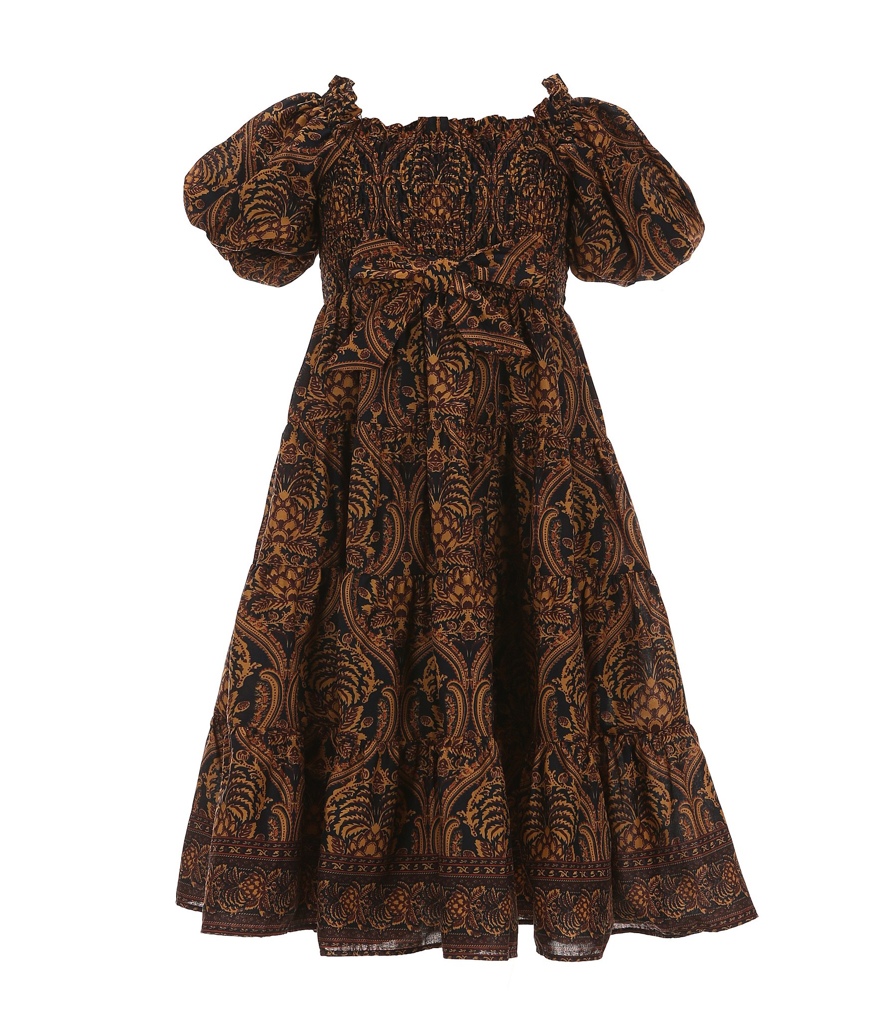 A Loves A Little Girls 2T-6X Fall Paisley Print Bubble Sleeve Smocked Bodice Tier Dress