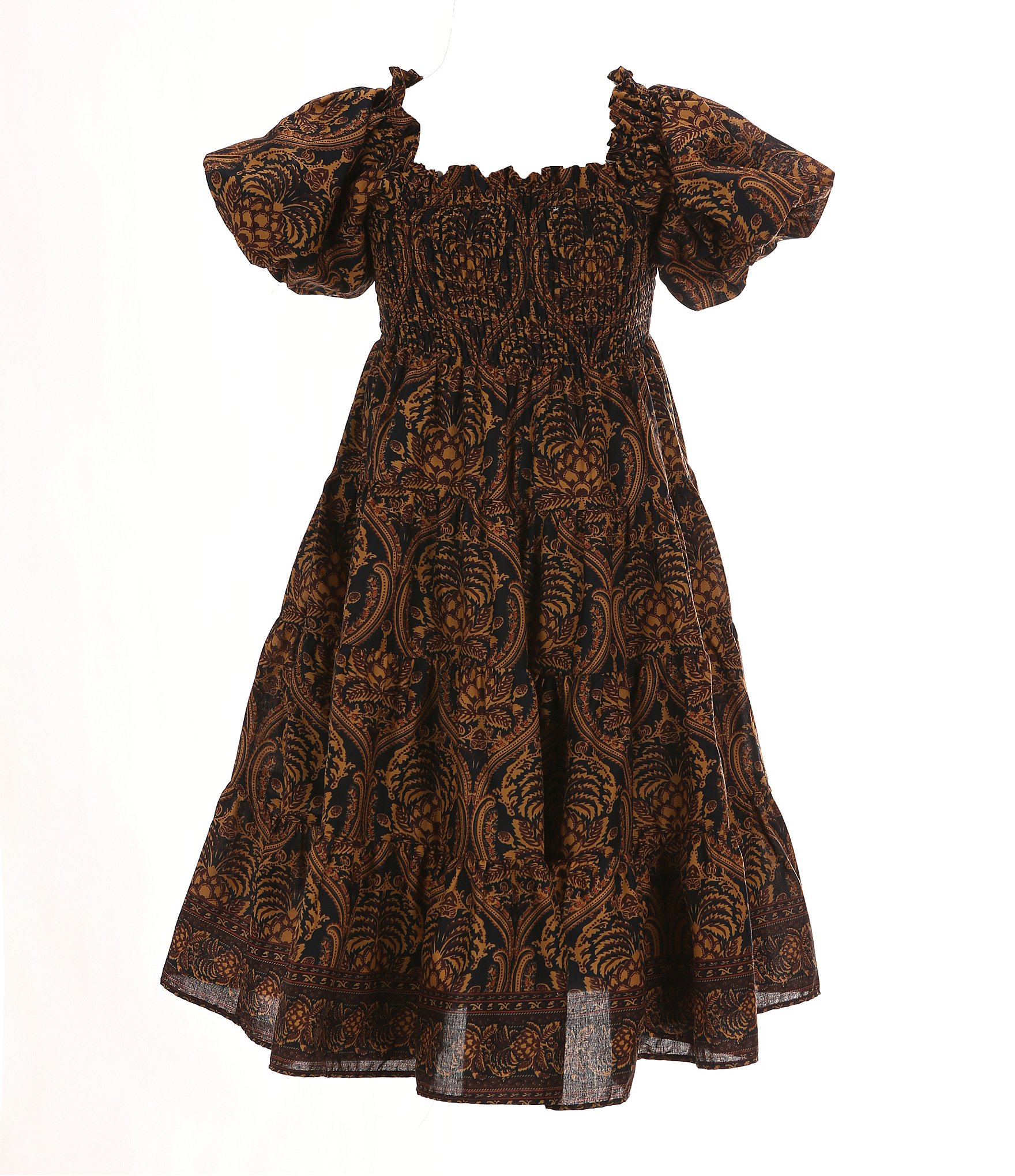 A Loves A Little Girls 2T-6X Fall Paisley Print Bubble Sleeve Smocked Bodice Tier Dress