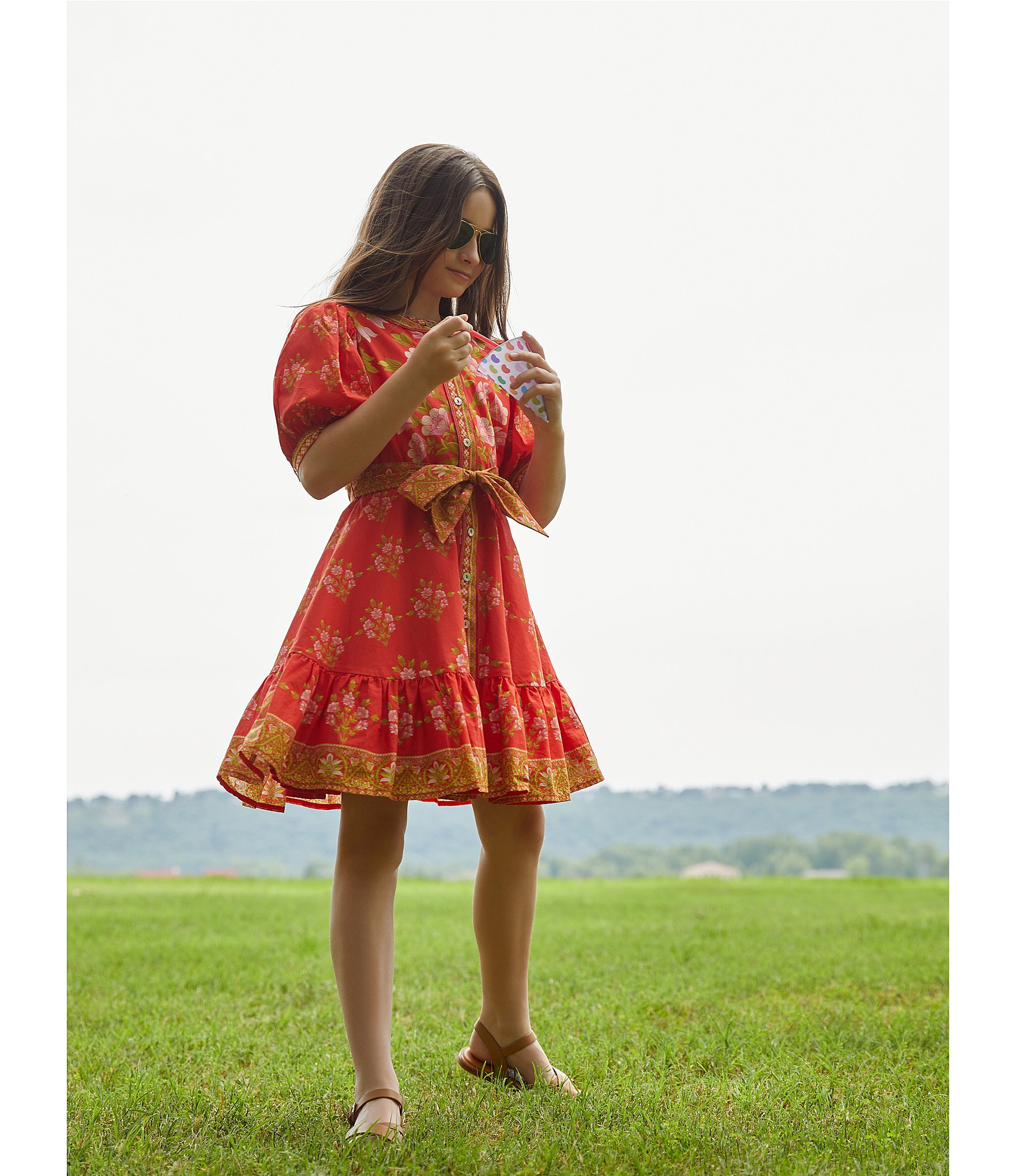 A Loves A Little Girls Batik Print Puff Sleeve Button Front Dress