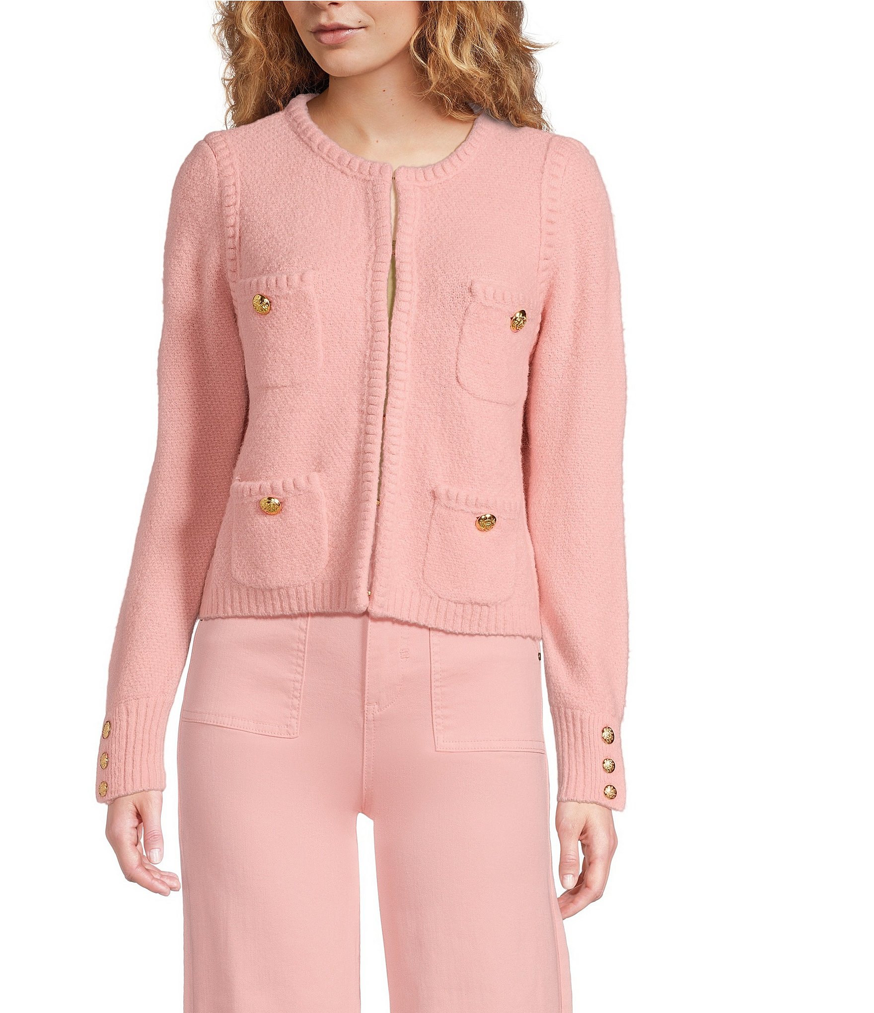 A Loves A Long Sleeve Button Cuff Crew Neck Front Pocket Cardigan