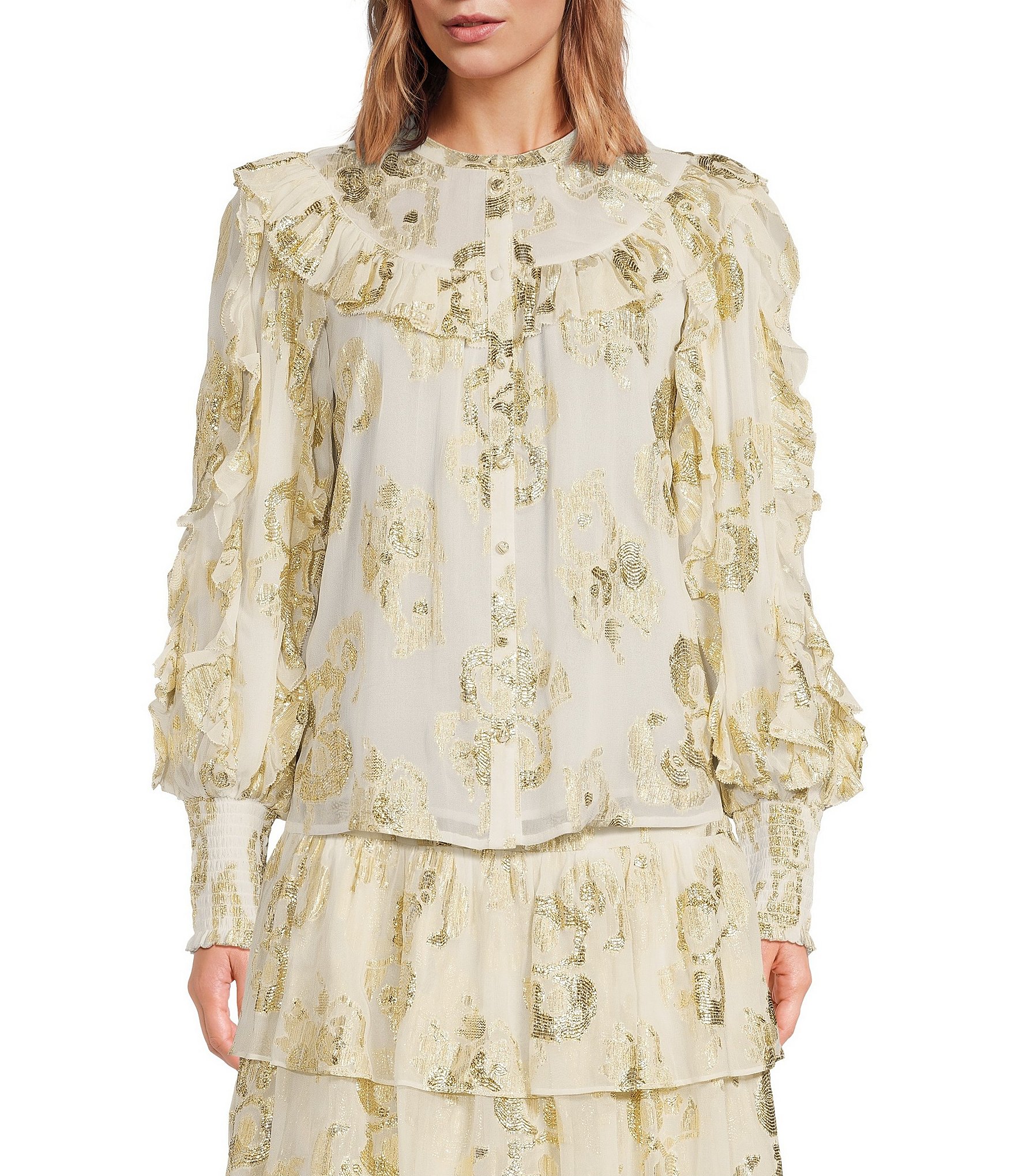 A Loves A Long Sleeve Lurex Metallic Floral Print Ruffle Detail ...